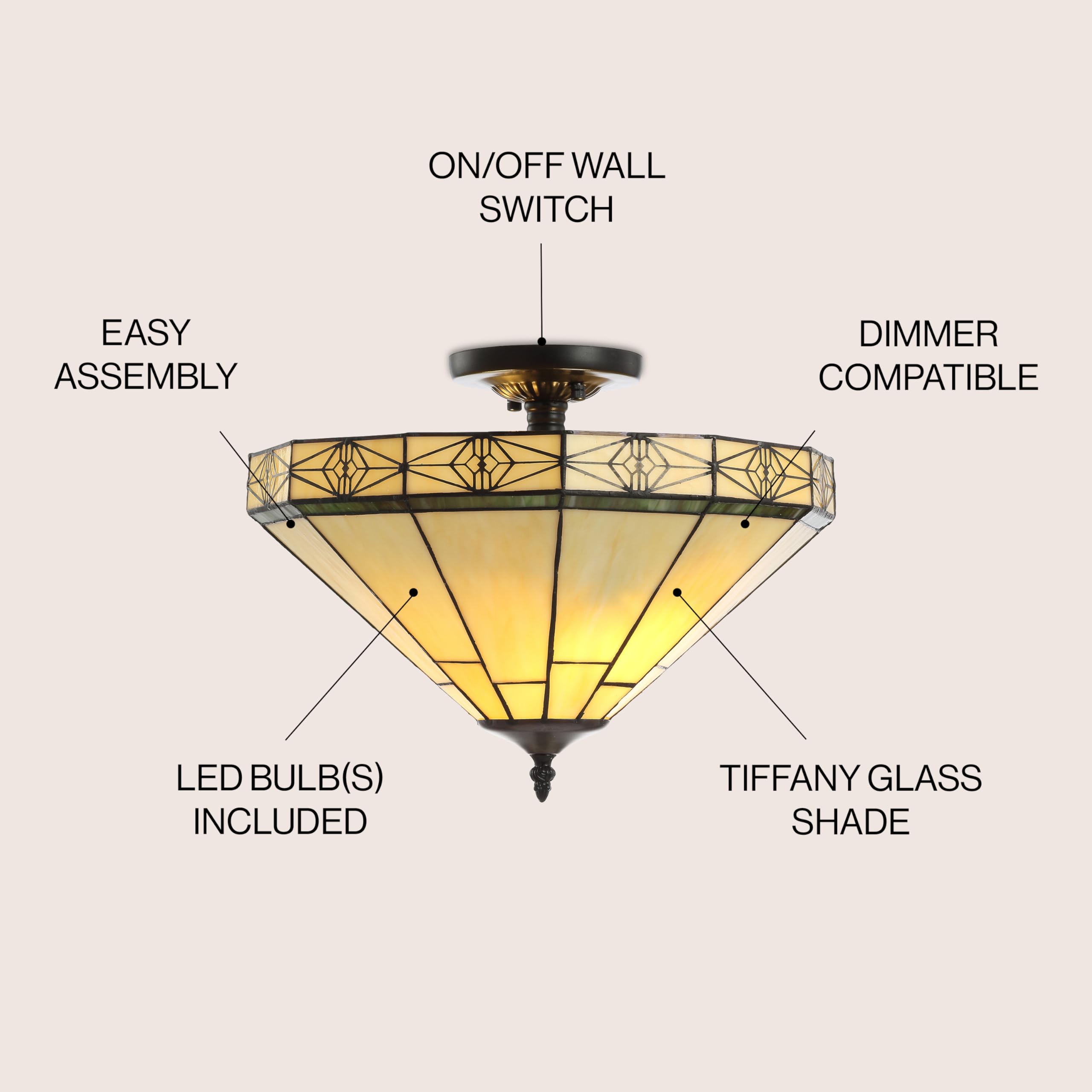 JONATHAN Y JYL8026A Jasmine 16" Tiffany-Style Glass/Metal LED Semi-Flush Mount Traditional Dimmable, 2700K Cozy Warm Light, for Kitchen,Hallway,Bathroom,Stairwell, Cream