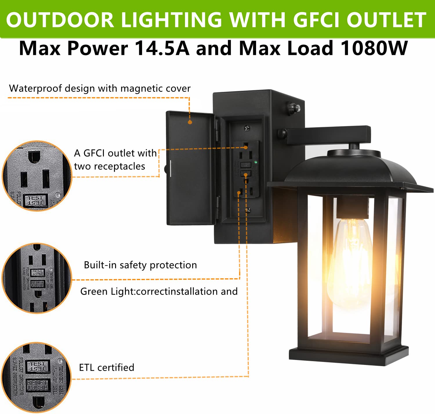 Dusk to Dawn Exterior Porch Lights with 2 GFCi Built-in Outlets [LED Bulb Included] Outdoor Wall Lantern Light with Clear Glass, Outside Waterproof Wall Sconce for Doorway