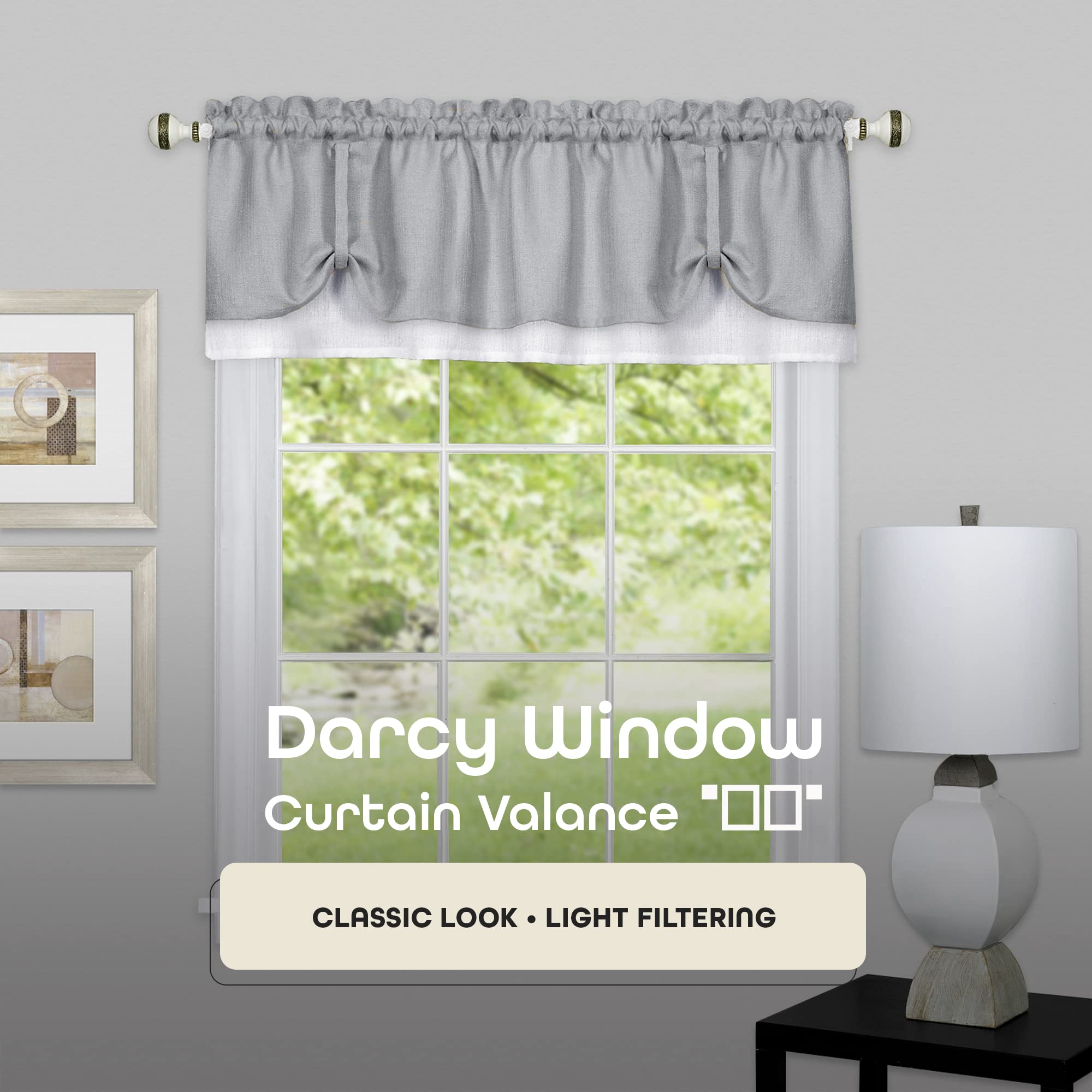 Soft Window Darcy Curtain Valance, Grey & White - 58 Inch Width, 14 Inch Length, 1.5 Inch Rod Pocket - Light Filtering Valance s for Kitchen and Bathroom by Achim Home Decor