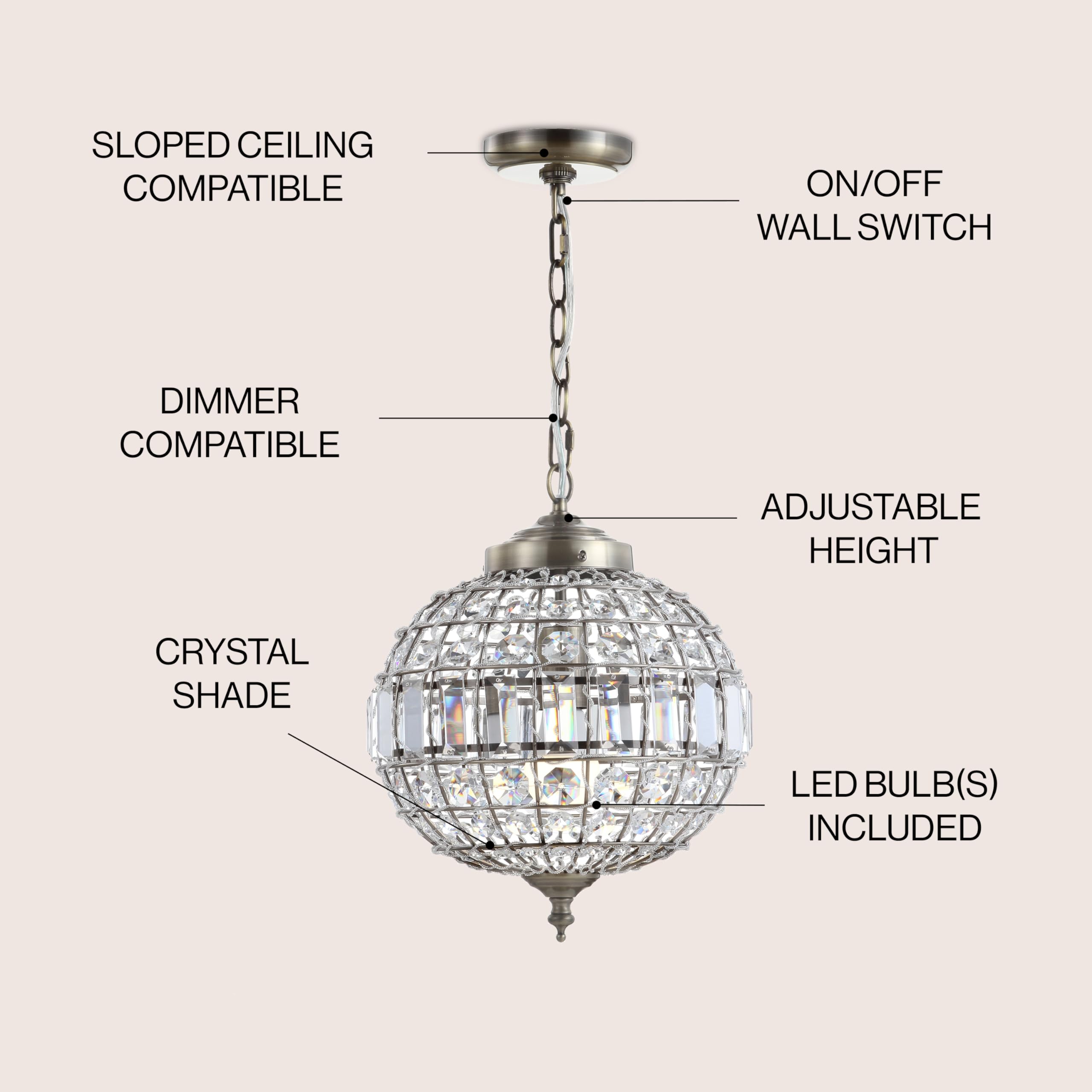 JONATHAN Y JYL6110A Georgina 12" Crystal/Metal LED Chandelier Pendant Glam Contemporary Transitional Dimmable Dining Room Living Room Kitchen Foyer Bedroom Hallway, 12", Antique Brass/Clear