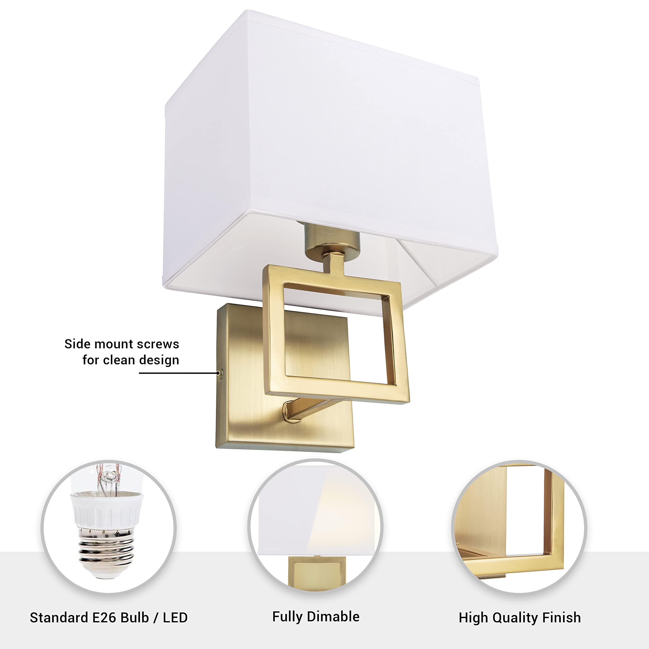 Brio Lighting Pressley Designer Wall Sconce with White Fabric Shade Available in Black, Gold, and Chrome Application Bedroom, Bathroom, Hallway Entry (Gold, 1 Light)