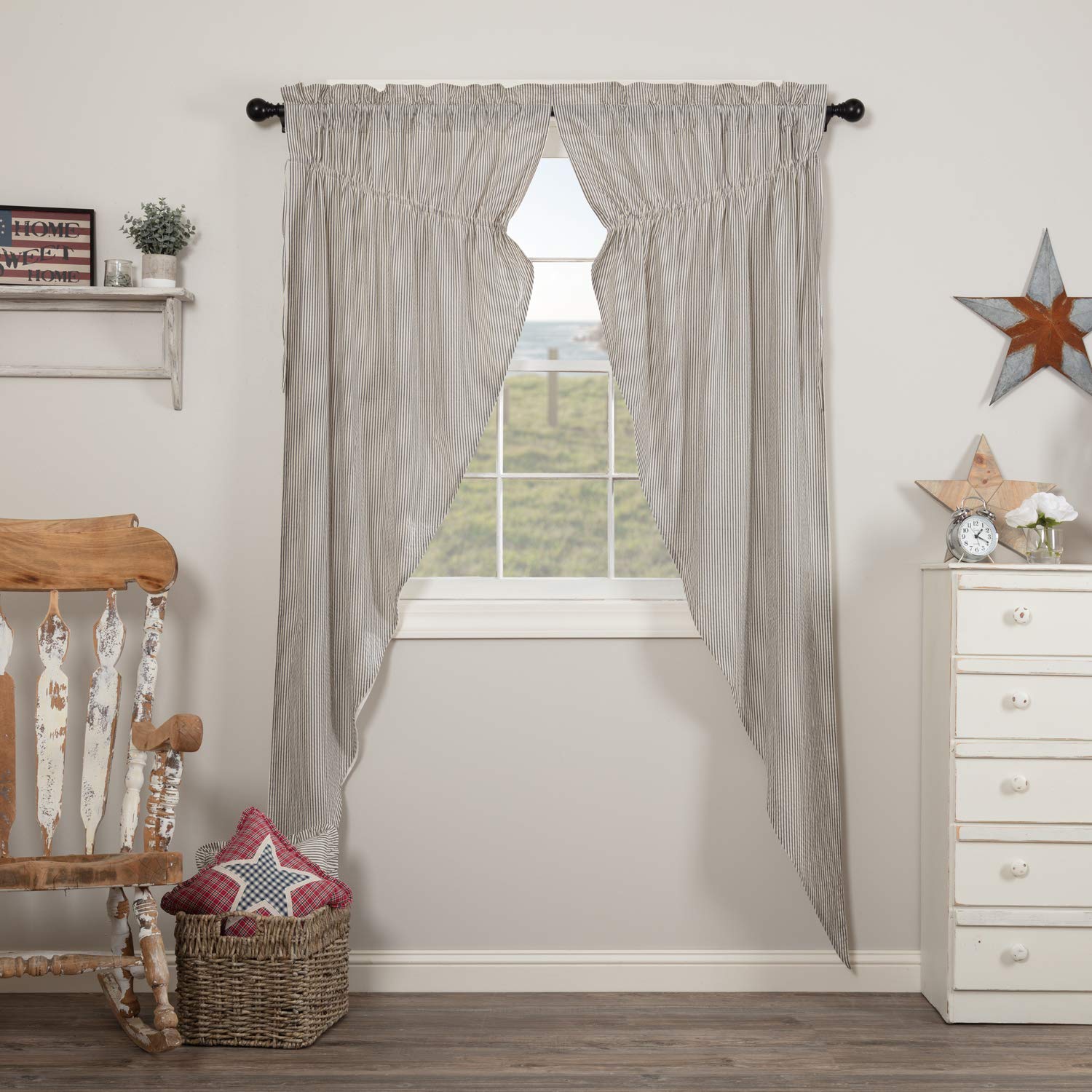 VHC Brands Hatteras Seersucker Ticking Striped Cotton Americana Curtains Rod Pocket Drawstring Ties Prairie Panel Pair, 84x36x18, Denim Blue
