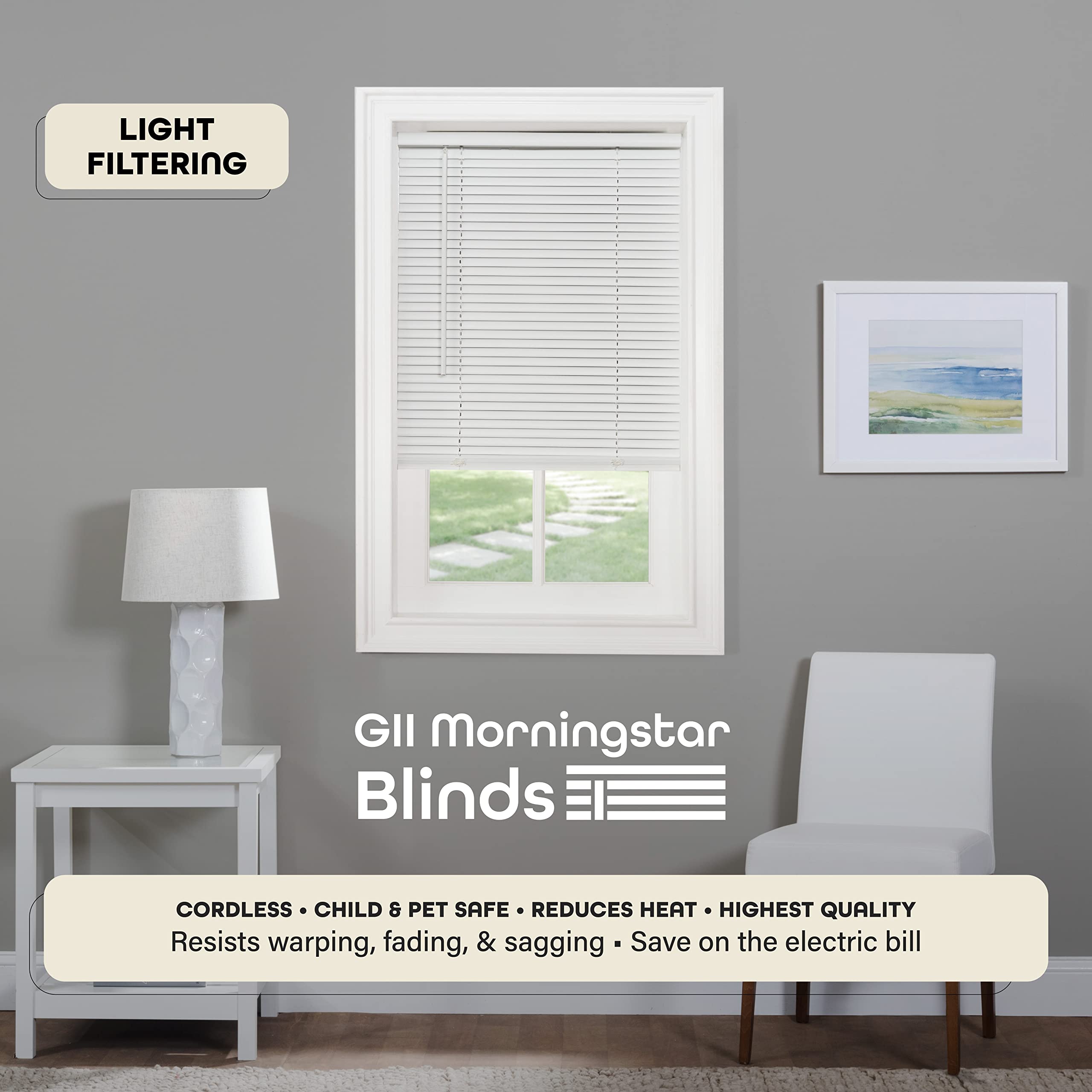 Cordless Light Filtering Mini Blind - 25 Inch Width, 64 Inch Length, 1" Slat Size - Pearl White - Cordless GII Morningstar Horizontal Windows Blinds for Interior by Achim Home Decor