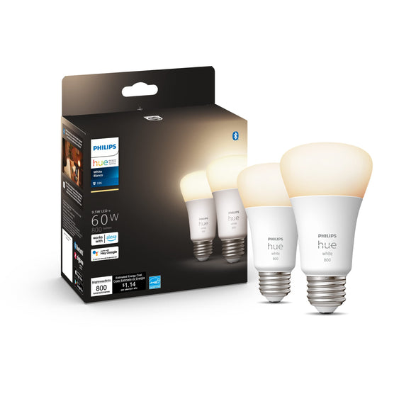 Philips Hue Smart 60W A19 LED Bulb - Soft Warm White Light - 2 Pack - 800LM - E26 - Indoor - Control with Hue App - Works with Alexa, Google Assistant and Apple Homekit
