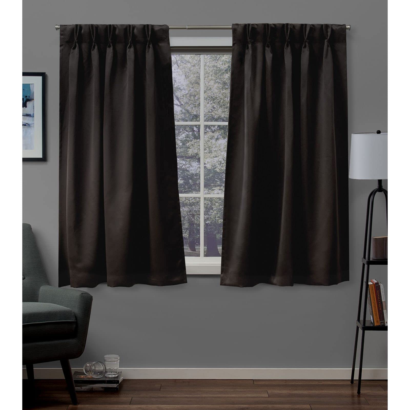 Exclusive Home Sateen Twill Woven Room Darkening Blackout Pinch Pleat/Hidden Tab Top Curtain Panel Pair, 63" Length, Espresso