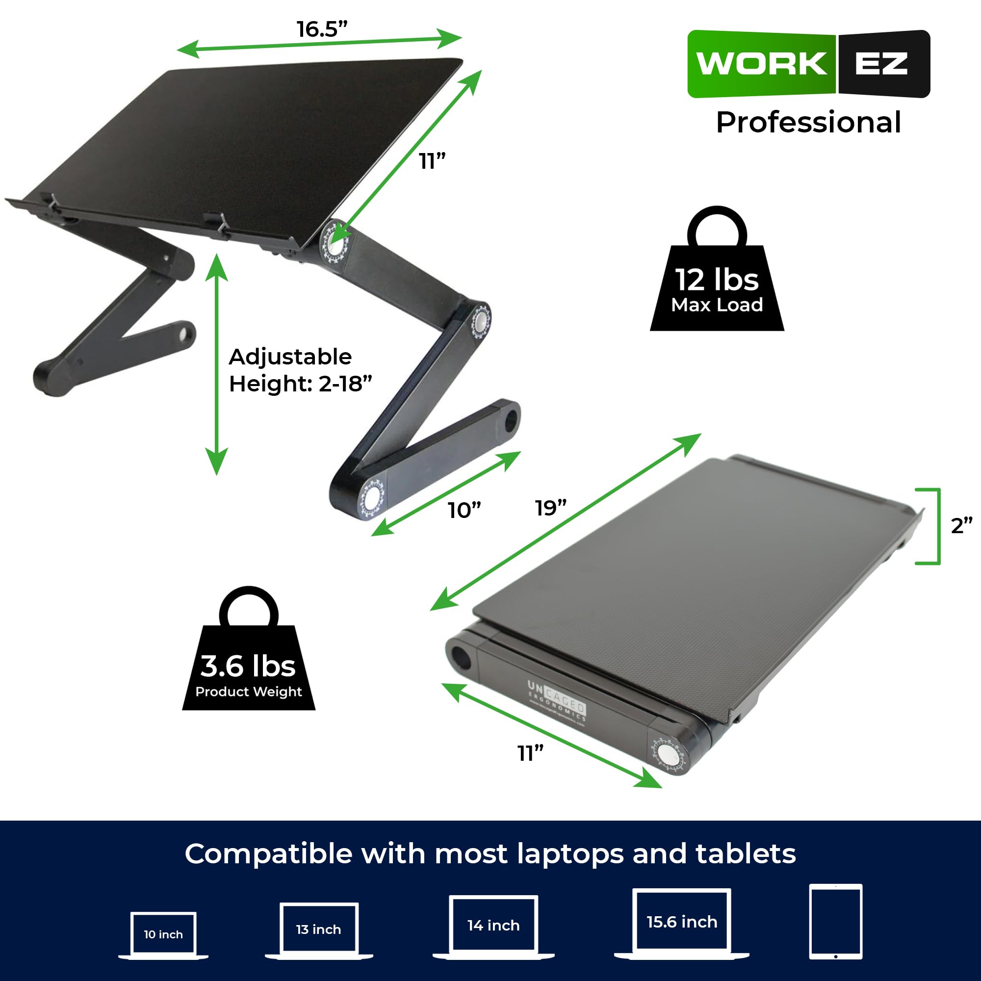 WorkEZ Professional Laptop Riser for Desk - Adjustable Laptop Desk for Bed Computer lap desk for laptop ergonomic laptop stand for bed laptop holder desk laptop cooling stand bed desk for laptop black