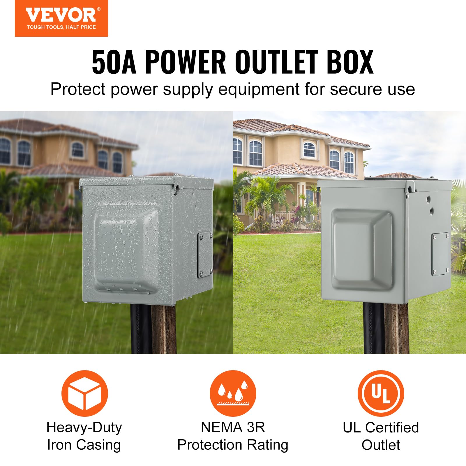 VEVOR 50 Amp RV Power Outlet Box, 125/250 Volt, Enclosed Lockable Outdoor RV Receptacle Box, NEMA 14-50R Weatherproof Electrical Panel, for RV Camper Trailer Motorhome Electric Car, UL Listed Outlet