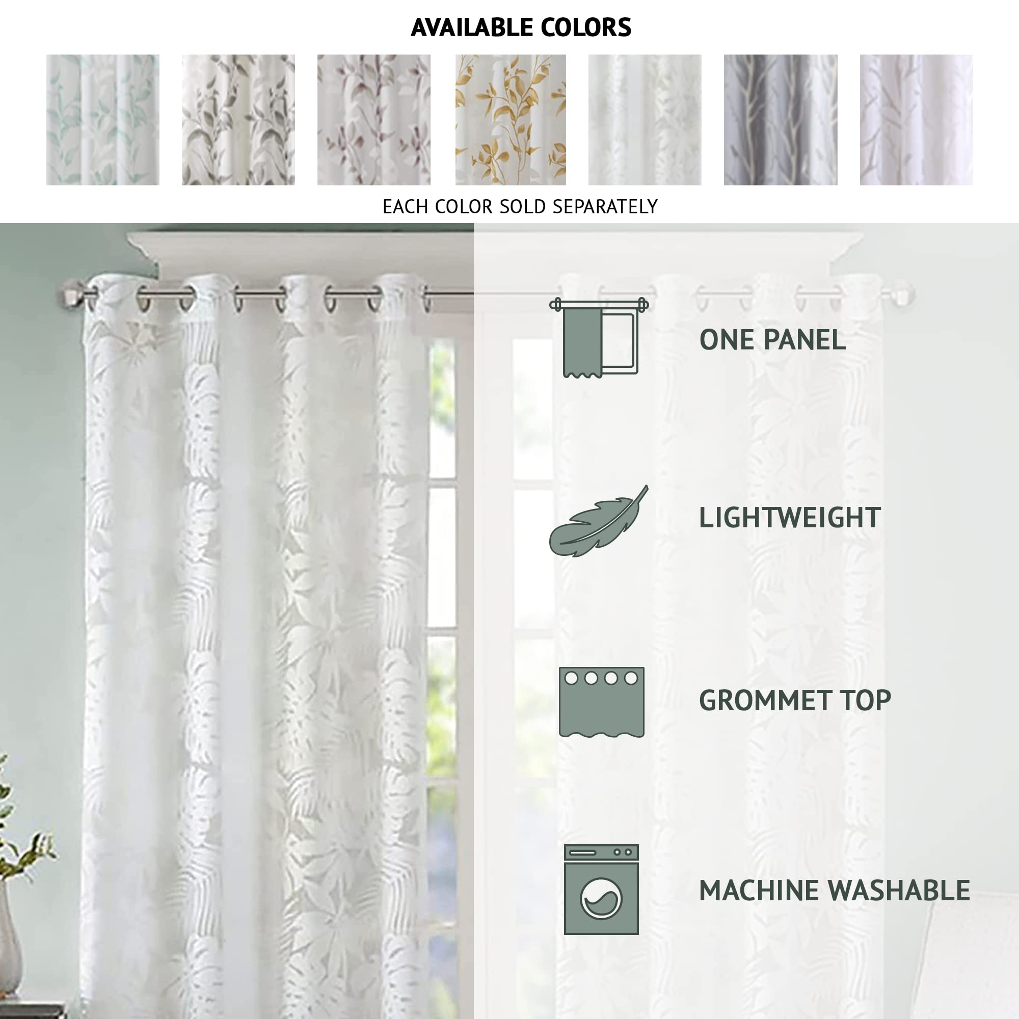 Madison Park Semi Sheer Single Curtain Modern Contemporary Botanical Print Out Design Grommet Top, Window Drape for Living Room, Bedroom and Dorm, 50x84, Bird White