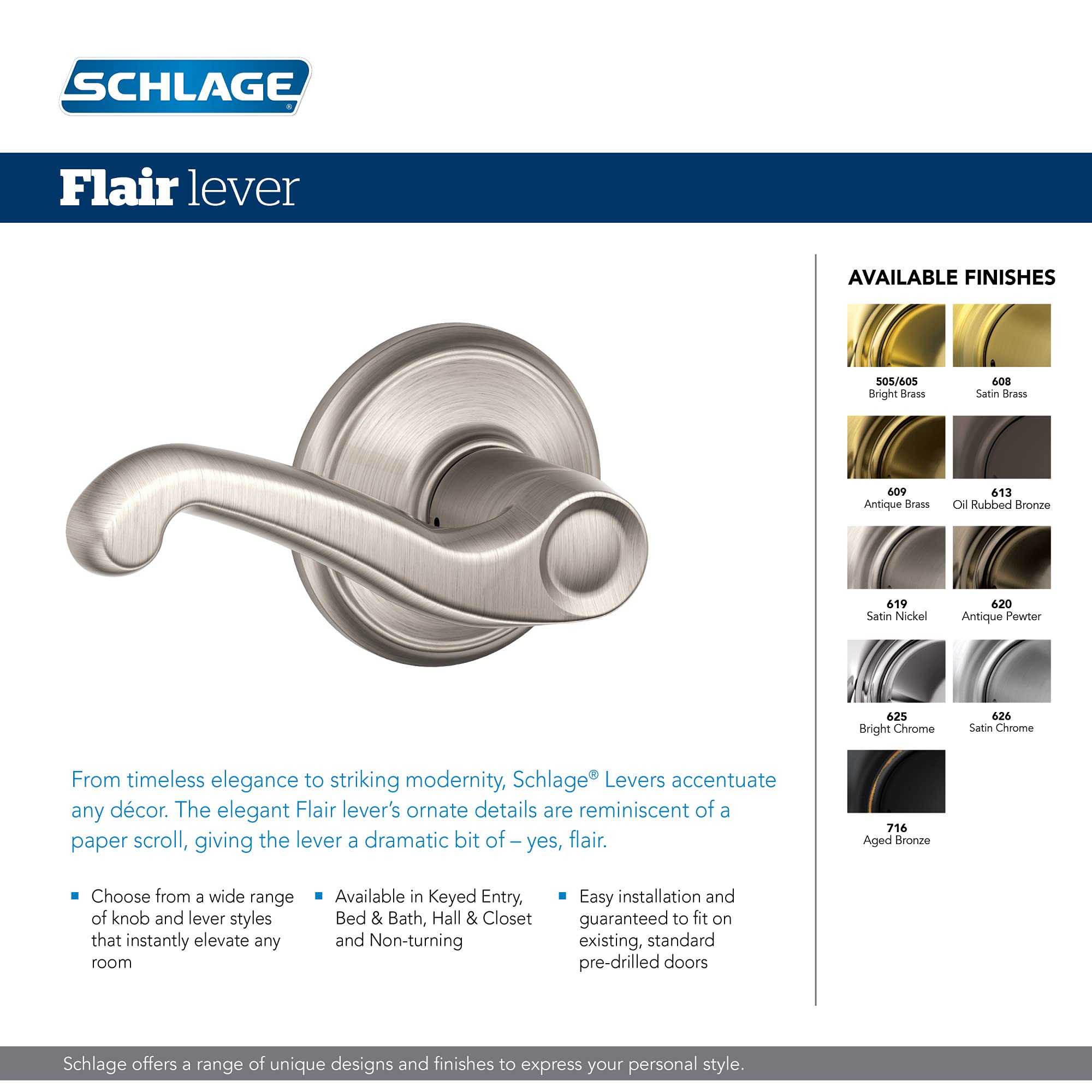 Schlage F170 FLA 619 LH Left Handed Flair Door Lever, One Sided Non-Turning Dummy Door Handle, Satin Nickel