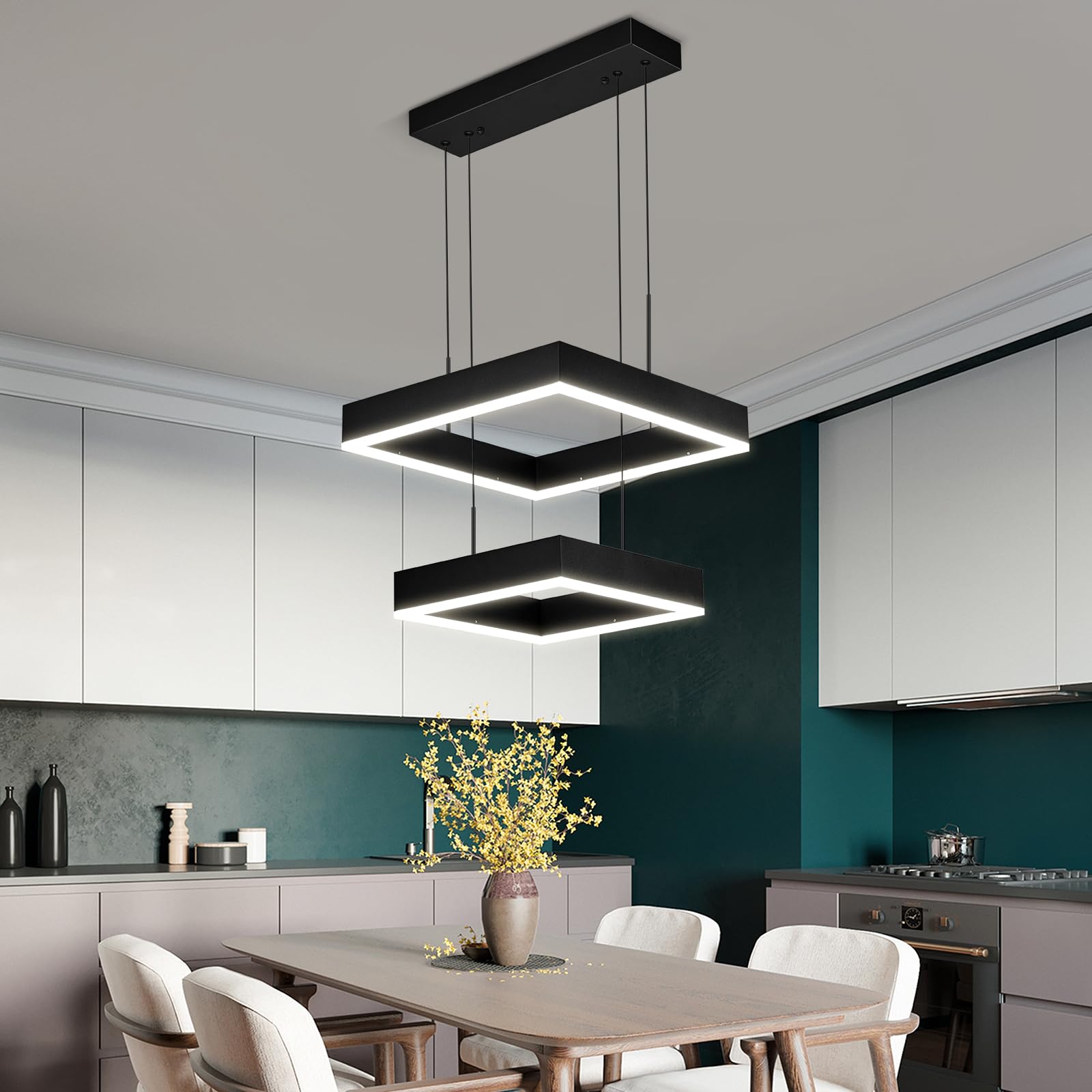 FDPBY Modern LED Chandelier 2 Ring Dimmable Square Black Chandelier Adjustable Pendant Ceiling Light Fixture Foyer Chandelier Lighting Fixture for Dining Room Bedroom Living Room