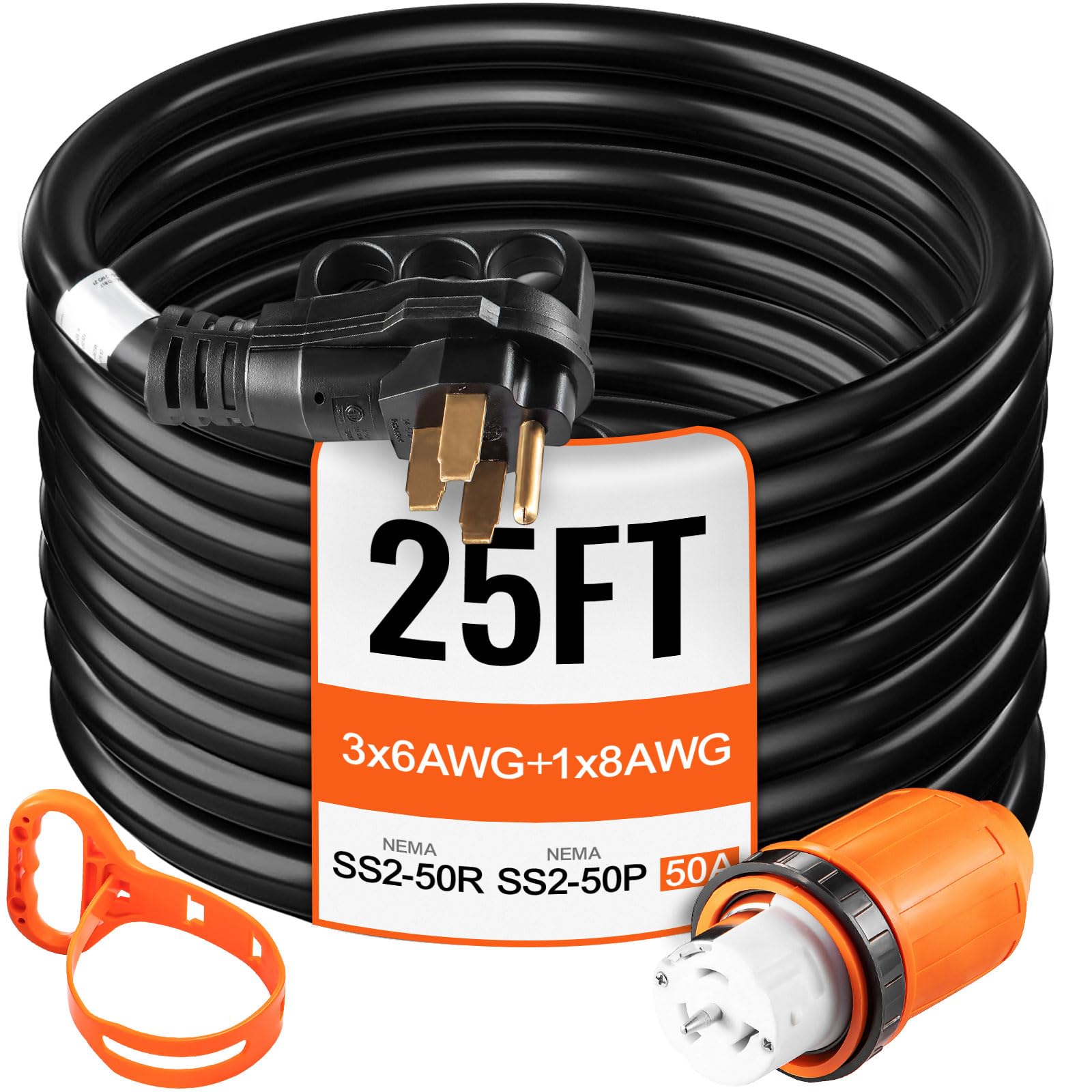 VEVOR Heavy Duty Generator Cord, 25 Feet Generator Power Cord, 50AMP ETL Listed Cord, 12000 Watts Black Cable, SS2-50R Generator Plug, SS2-50P Extension Cord, 125/250V Generator Wire w/Portable Strap