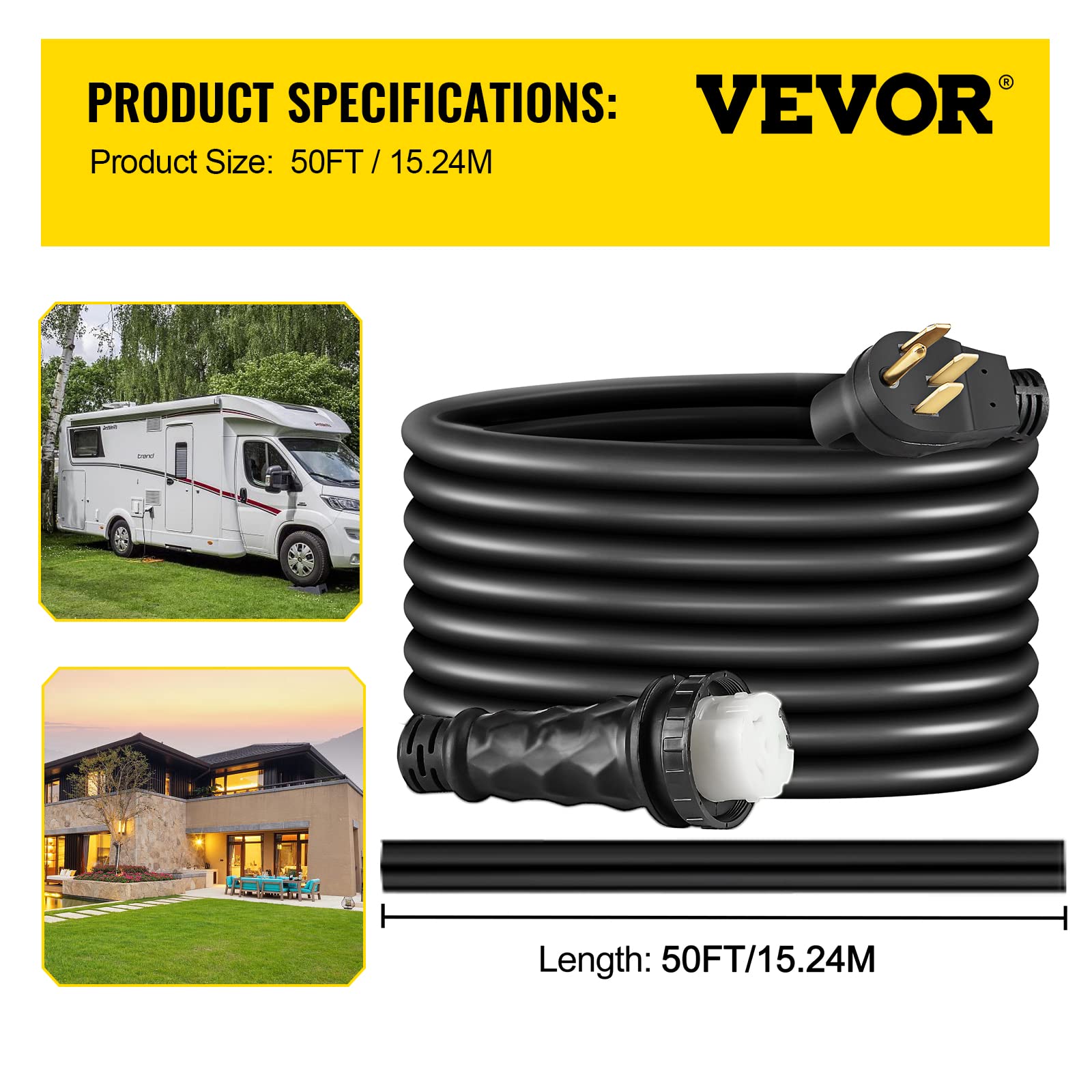 VEVOR 50 FT 50 AMP RV Extension Cord NEMA 14-50P to SS2-50R, Heavy Duty 6/3 + 8/1 STW Twist Lock RV Power Cord with Handles for Trailer Motorhome Camper