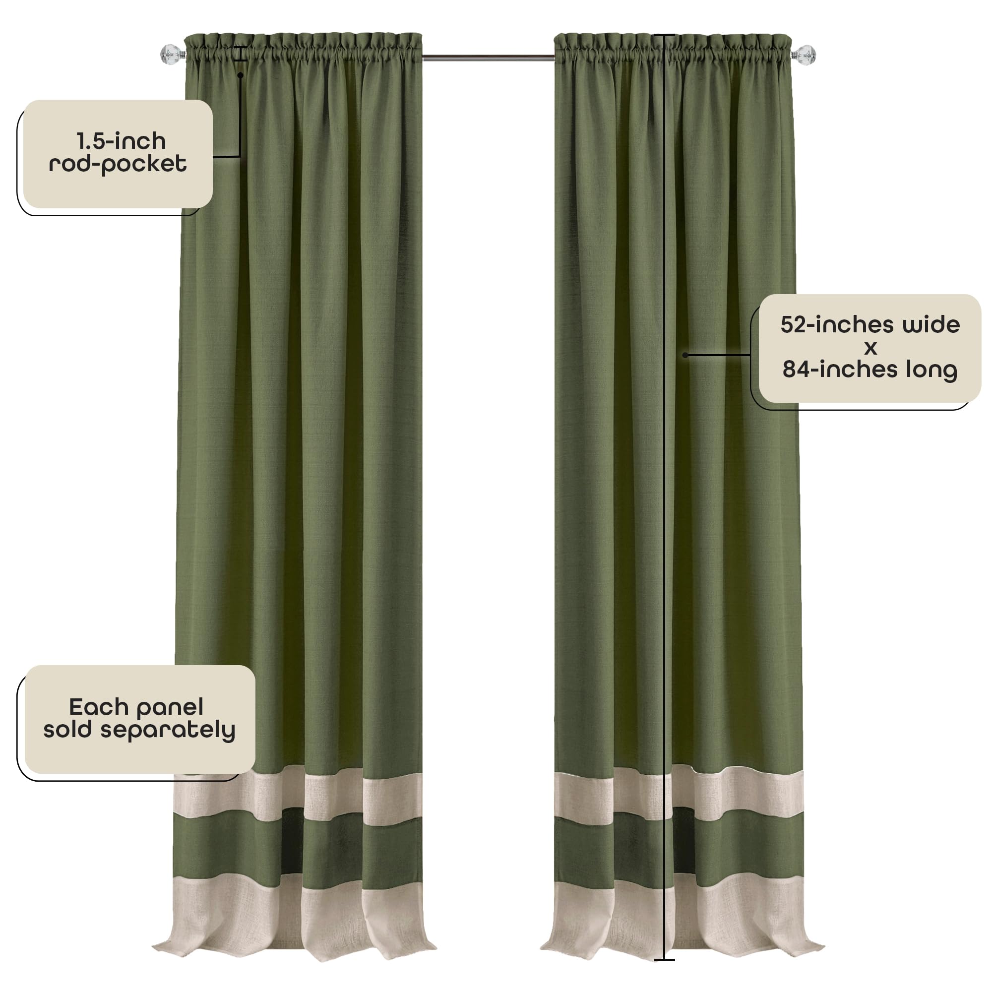 ACHIM Light Filtering Curtain Panel for Windows - 52 x 84 - Lightweight Rod Pocket Drapes for Bedroom, Living Room - Polyester, Machine Washable - Green/Camel