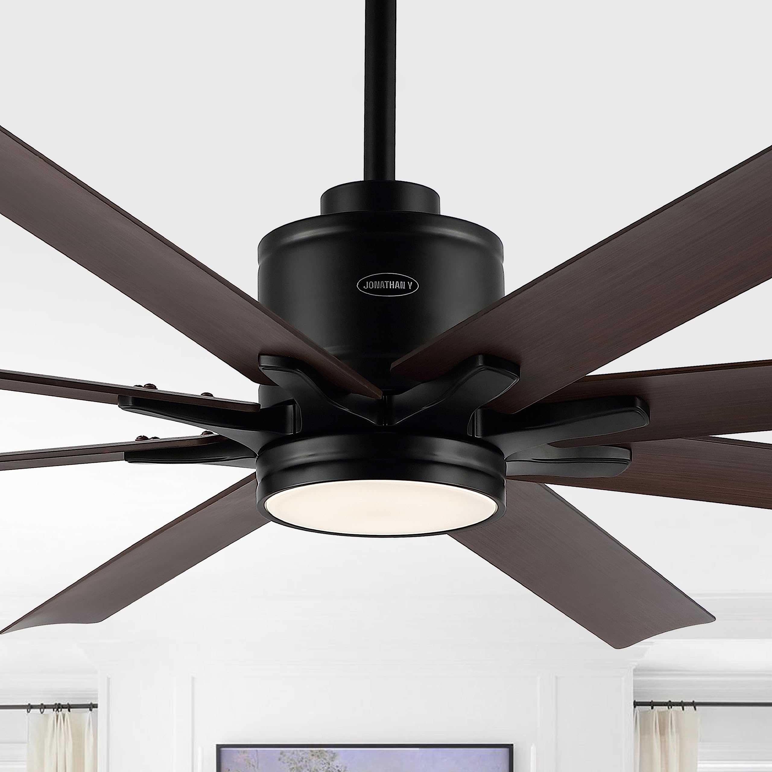 JONATHAN Y JYL9713B Octo 66" 1-Light Contemporary Industrial Iron/Plastic Mobile-App/Remote-Controlled 6-Speed Ceiling Fan with Integrated LED Light, Black/Neutral Brown Wood Finish