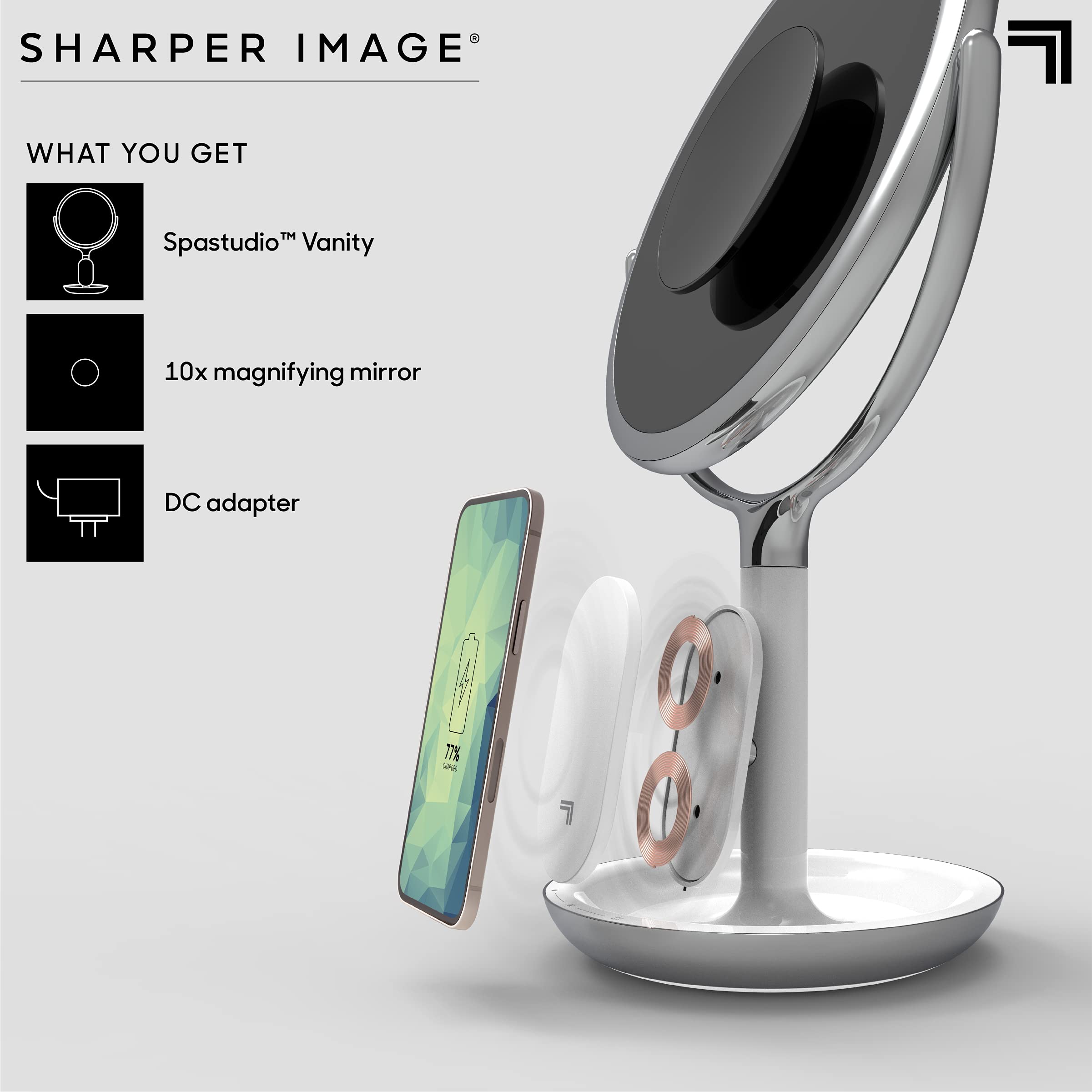 Sharper Image® SpaStudio™ 8” Vanity Mirror - Wireless Qi Charging Pad, Dimmable LED Halo Light Ring, 10X & 5X Magnification, Cosmetic Makeup Skincare Essential, Aesthetic Room Desk Decor Storage