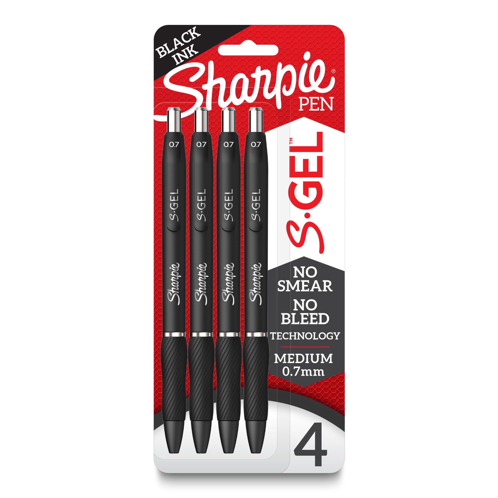 SHARPIE® S Gel Pens, Medium Point, 0.7 mm, Black Barrel, Black Ink, Pack Of 4 Pens