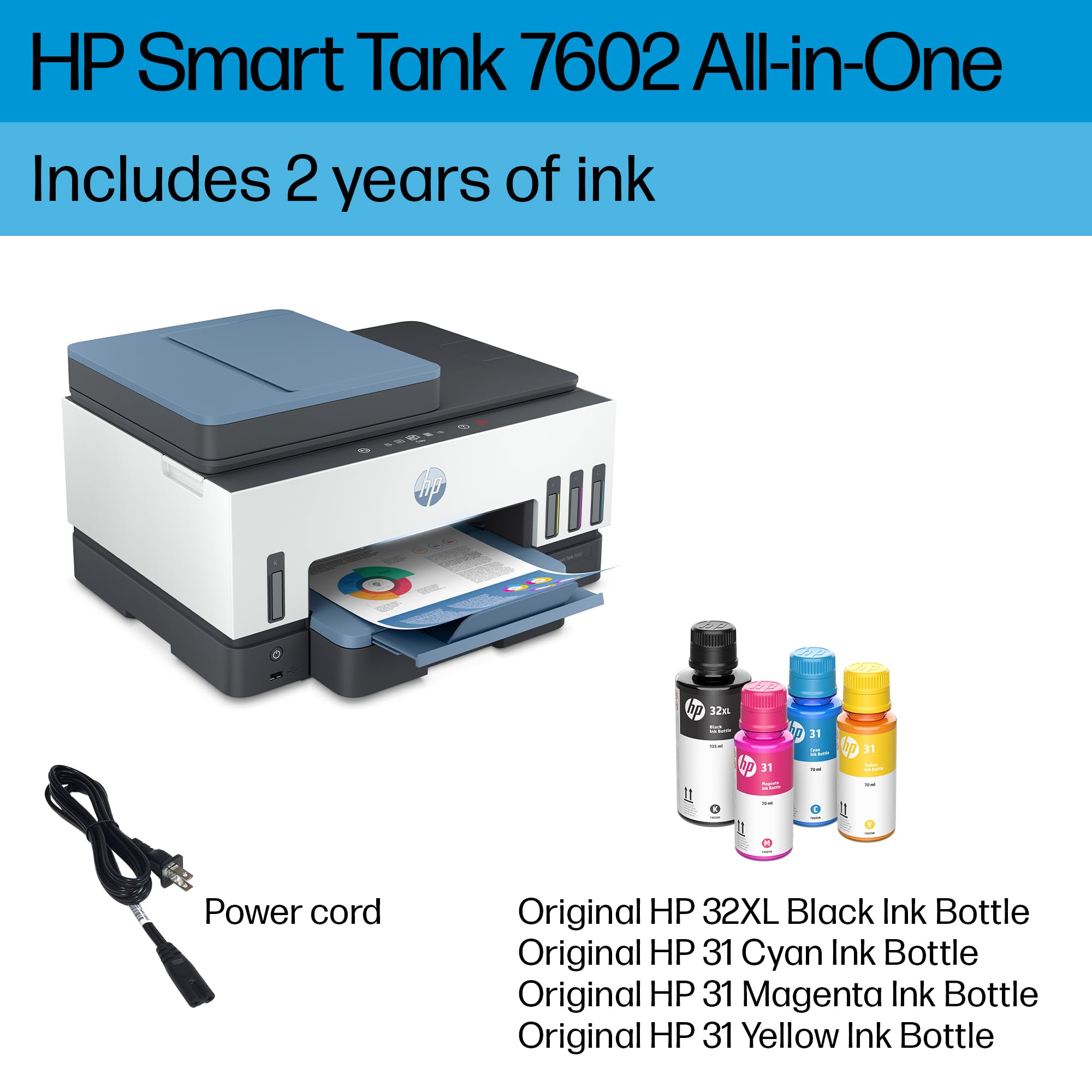 HP Smart Tank 7602 Wireless All-in-One Ink Tank Printer with 2 years of ink included,Print, scan, copy, fax, Best-for-home, Refillable ink tank (28B98A)