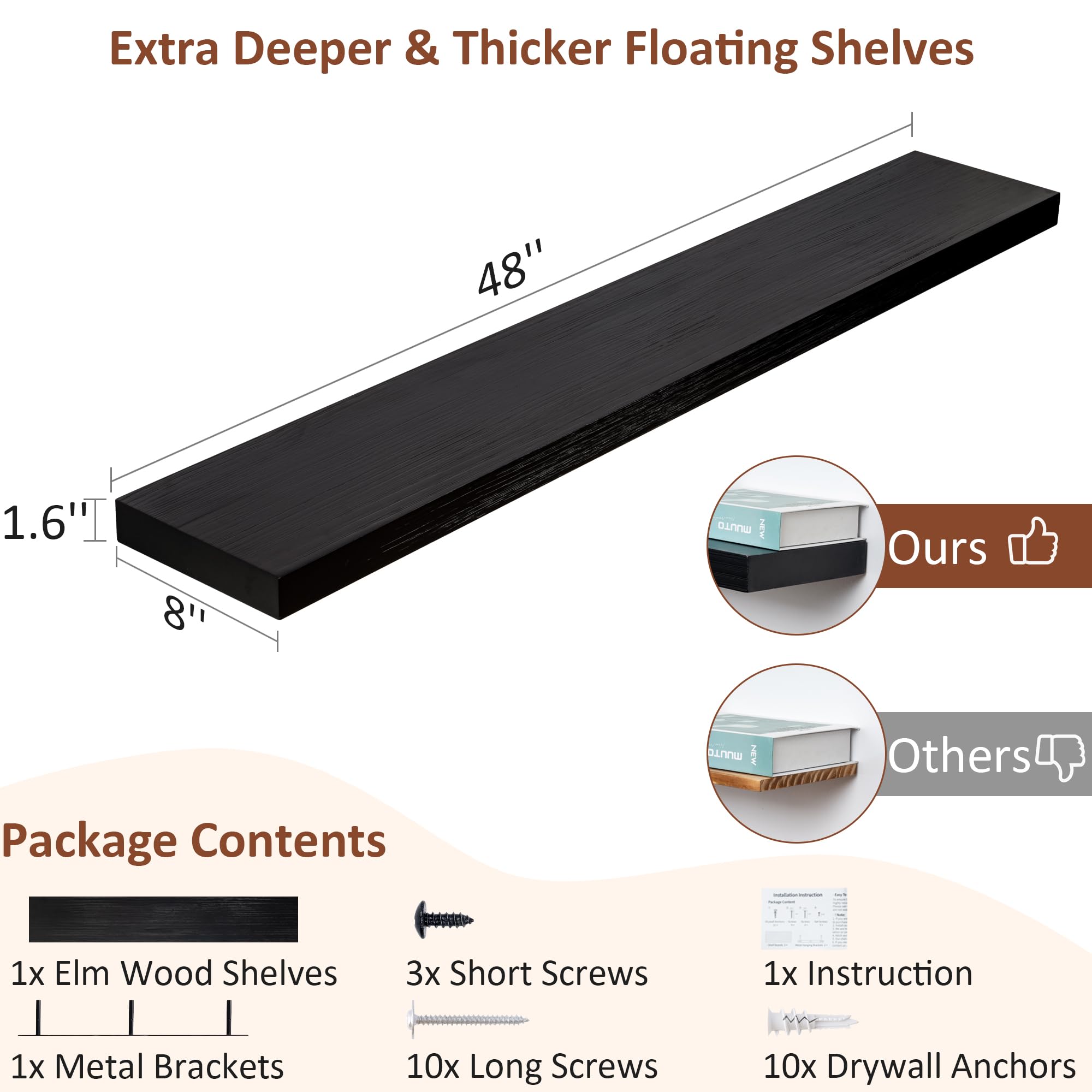 Floating Shelves 48 Inch Long, Farmhouse Rustic Black Wood Shelves 8 Inch Deep, Large Storage Shelves Wall Mounted for Living Room, Bedroom, Kitchen, Set of 1, 48" W x 8" D x 1.6" H