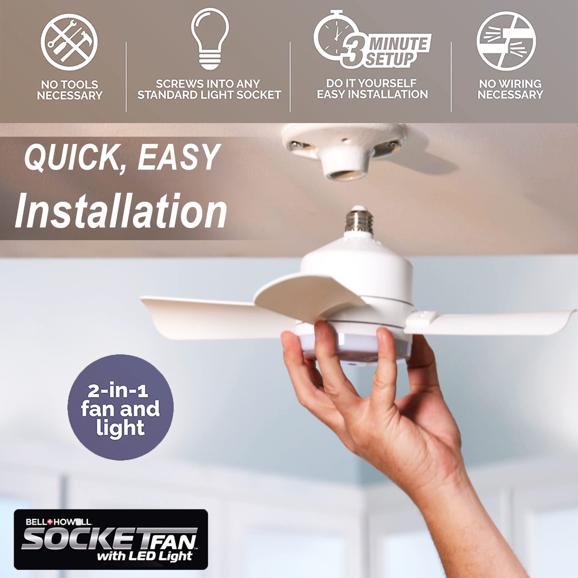 Socket Fan Light Deluxe LED – Ceiling Fans with Lights and Remote Control, Lightbulb Replacement for Indoor - Bedroom, Kitchen, Living Room,1000 Lumens / 5000 Kelvins As Seen On TV