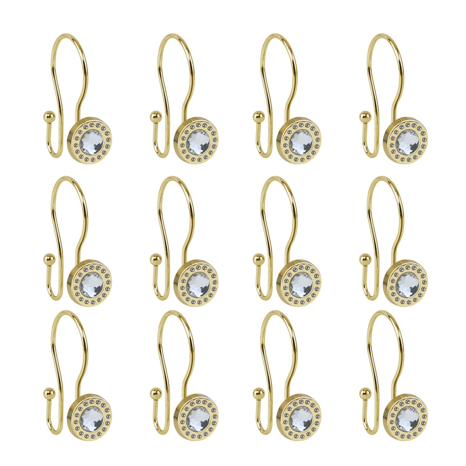 Utopia Alley Shower Hooks - Double Shower Curtain Rings for Bathroom - Rust Resistant Shower Curtain Hooks for Shower Curtain or Liner - Shower Curtain Rings with Crystal Design - Set of 12, Gold