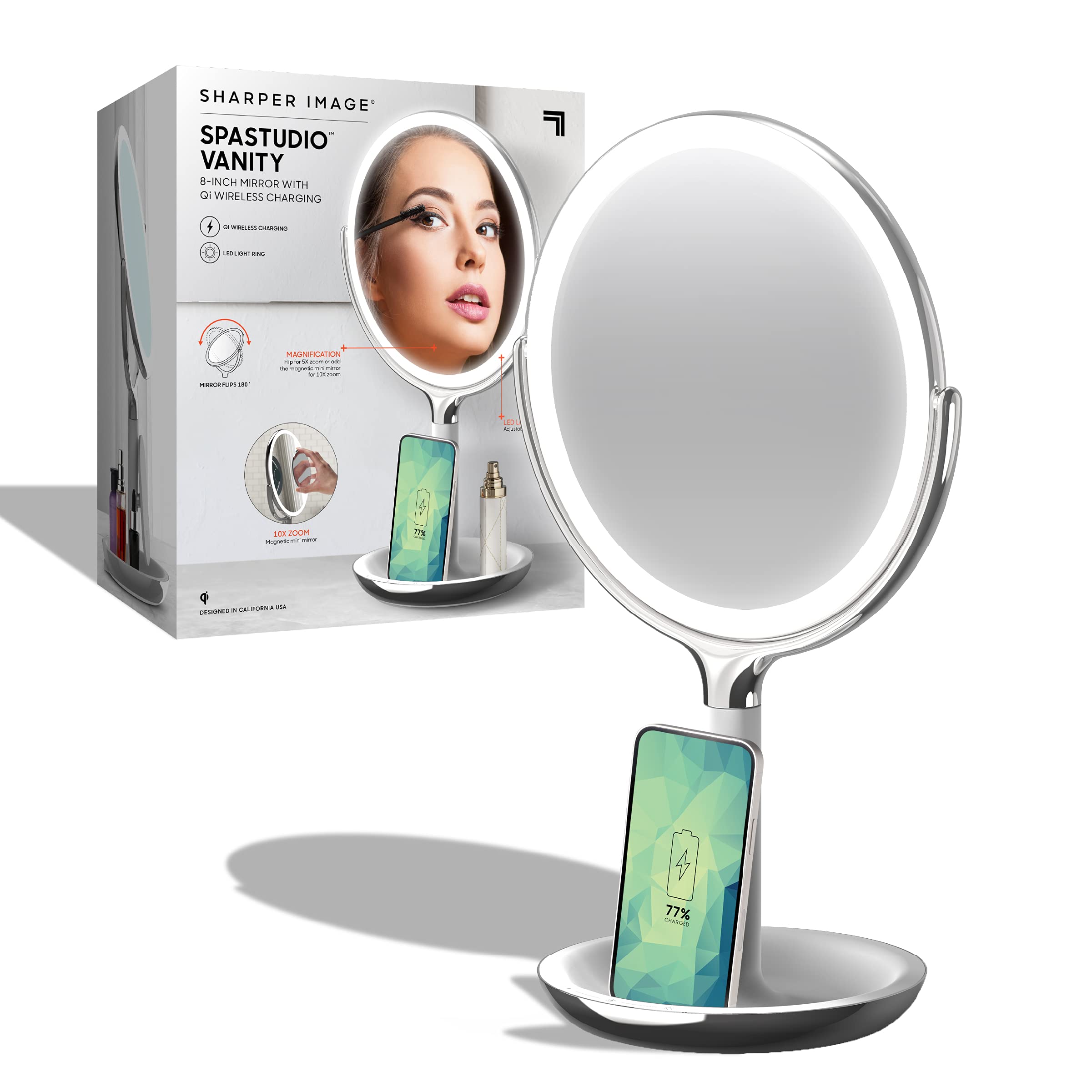 Sharper Image® SpaStudio™ 8” Vanity Mirror - Wireless Qi Charging Pad, Dimmable LED Halo Light Ring, 10X & 5X Magnification, Cosmetic Makeup Skincare Essential, Aesthetic Room Desk Decor Storage