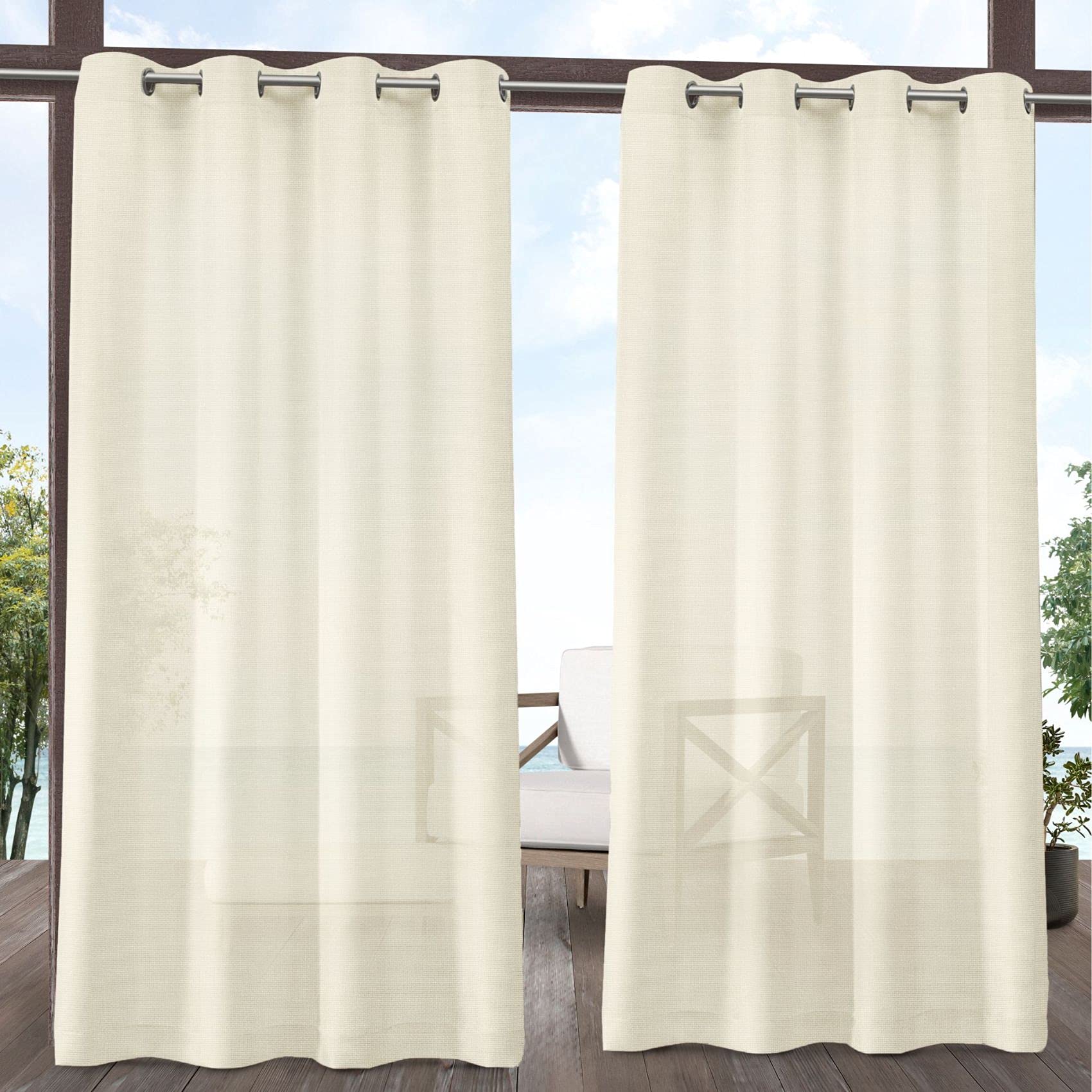 Exclusive Home Miami Semi-Sheer Textured Indoor/Outdoor Grommet Top Curtain Panel, 54"x96", Ivory, Set of 2