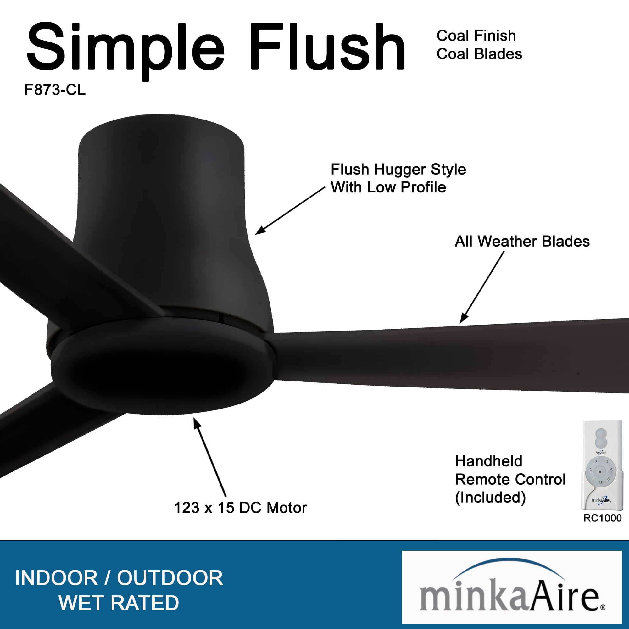 Minka-Aire Simple Flush Hugger 52" Hugger Ceiling Fan with Remote Control in Coal Black Finish, F873-CL