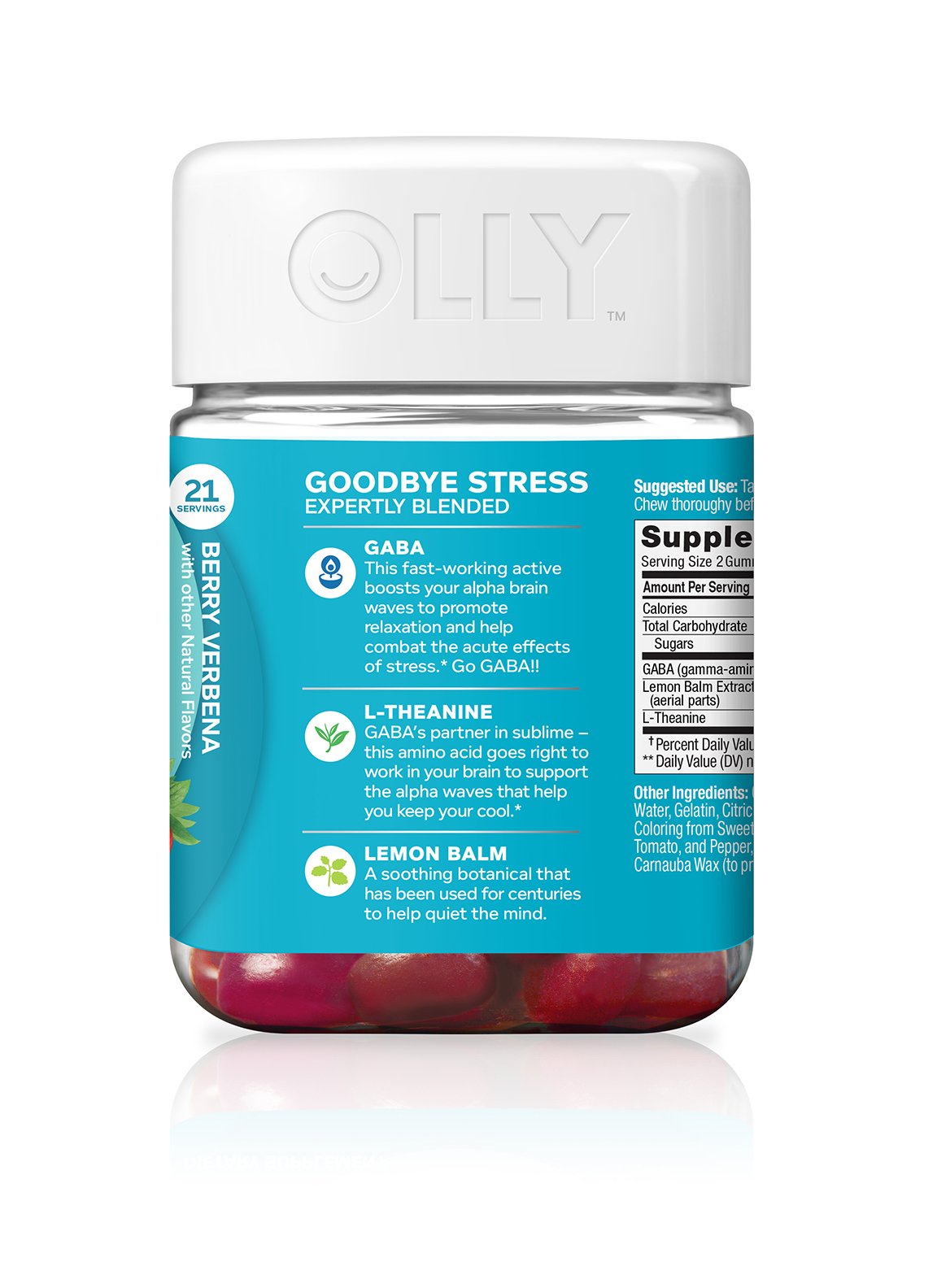 OLLY Goodbye Stress Gummy Supplement, with GABA, L-THEANINE and Lemon Balm; Berry Verbena; 42 Count, 21 Day Supply (Packaging May Vary)