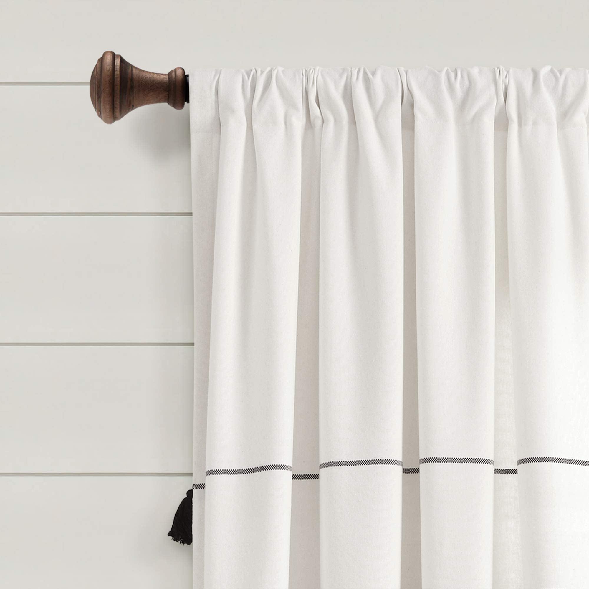 Lush Decor Farmhouse Boho Stripe Woven Tassel Yarn Dyed Cotton Blend Window Curtain Panels Pair 42" W x 95" L Ivory & Black - Striped Living Room Curtains