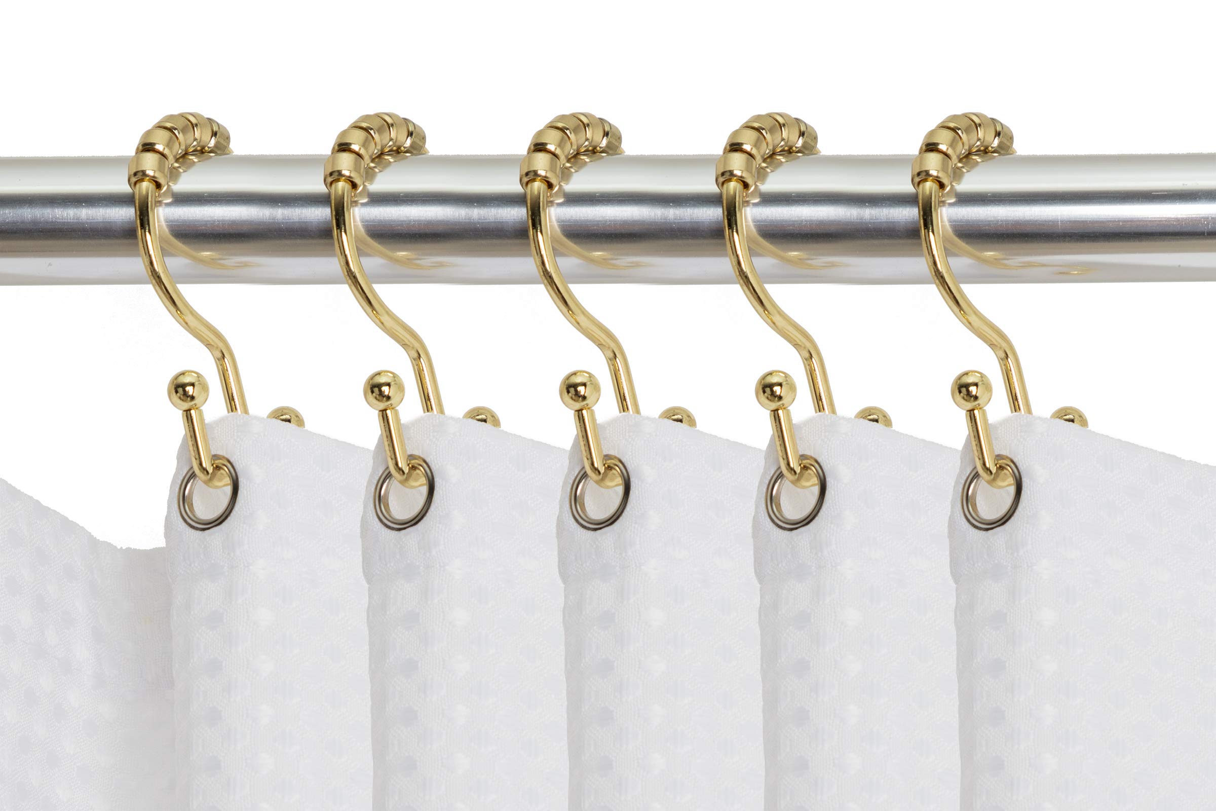 Utopia Alley Shower Hooks - Double Shower Curtain Rings for Bathroom - Rust Resistant Shower Curtain Hooks for Shower Curtain or Liner - Double Roller Shower Curtain Hooks - Set of 12, Gold