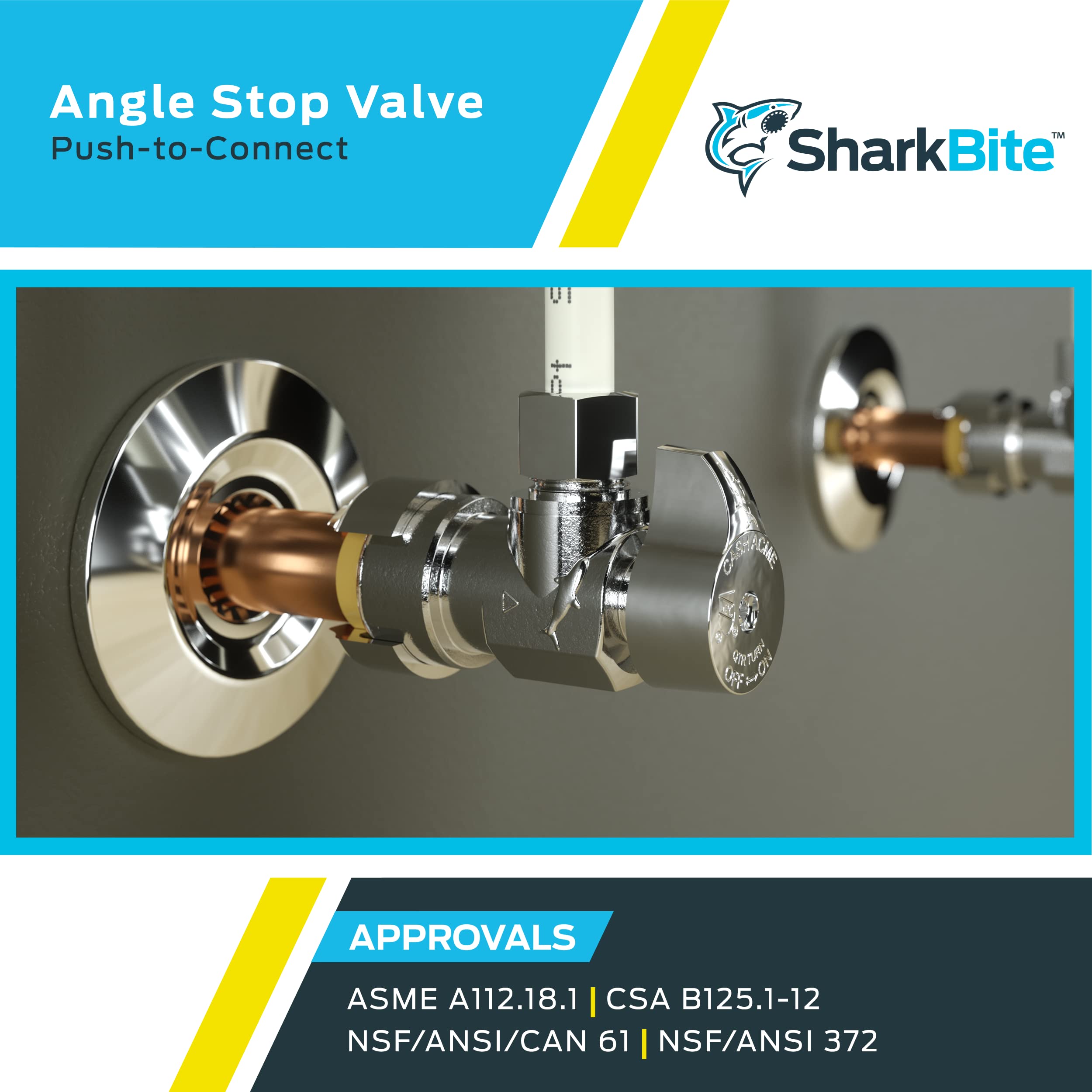 SharkBite 1/2 x 3/8 Inch Compression Angle Stop Valve, Quarter Turn, Push to Connect Brass Plumbing Fitting, PEX Pipe, Copper, CPVC, PE-RT, HDPE, 23036-0000LF