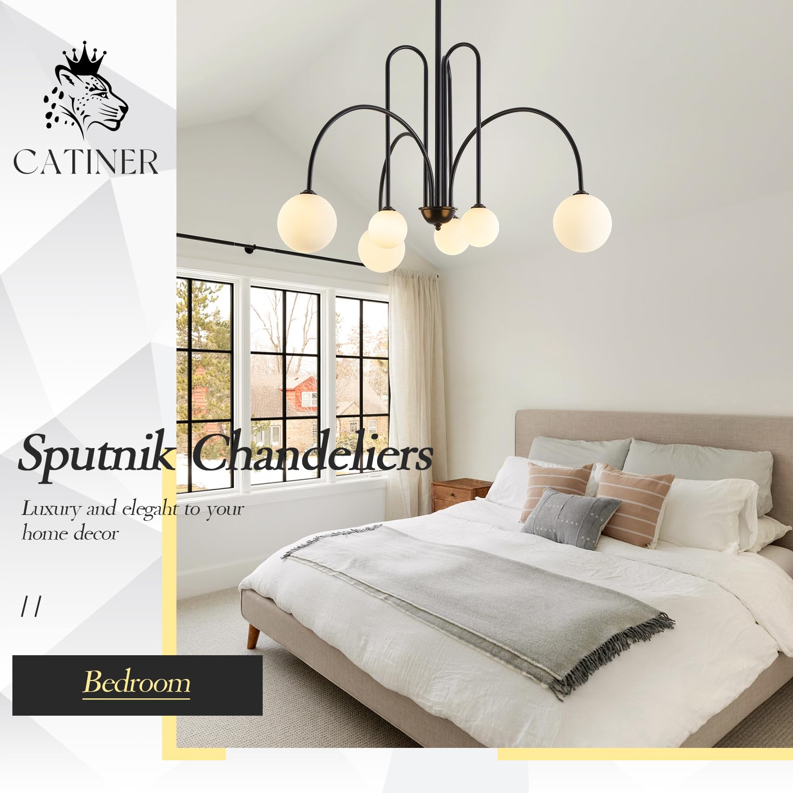 CATINER Modern Black Chandelier 6 Lights Sputnik Chandelier for Dining Room Large L40” Mid Century Ceiling Pendant Light Fixtures with Withe Glass Globe Shades for Foyer Bedroom