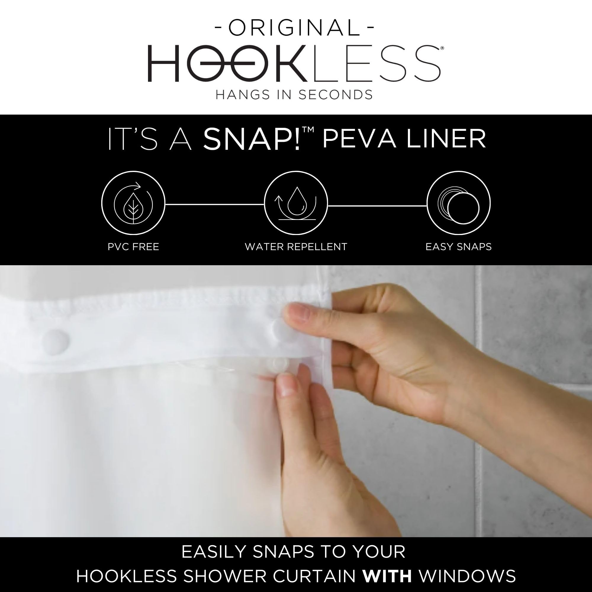 Hookless It's A Snap! Microfiber Shower Curtain, 3-in-1 Shower Curtain Includes Shower Curtain with Sheer Top Window, Flex-On Rings & PEVA Snap-in Liner, 71" x 74", Frost Grey