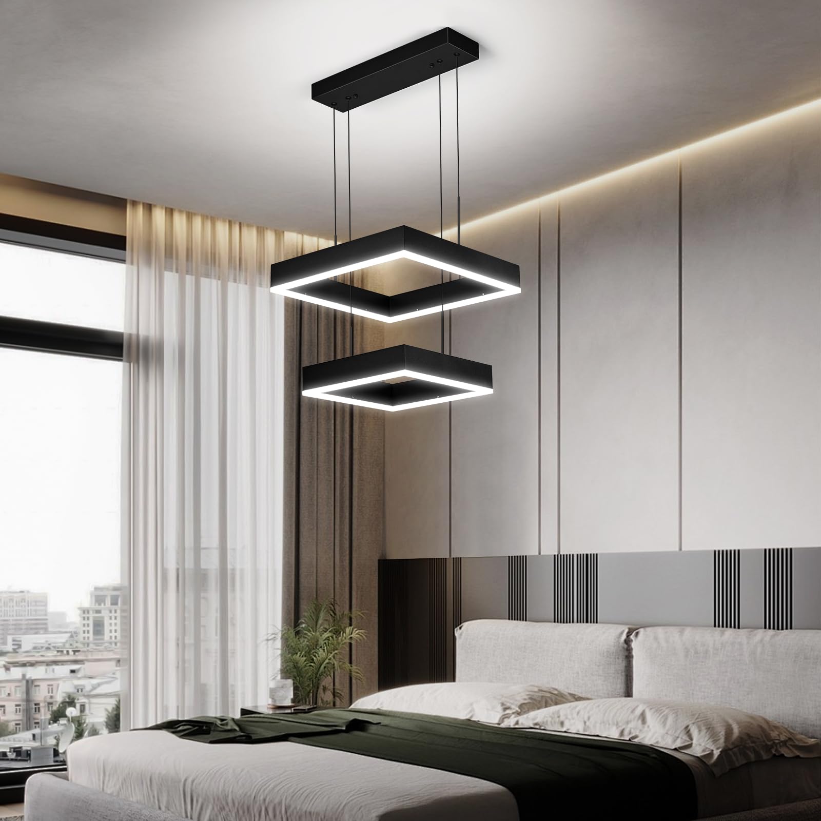 FDPBY Modern LED Chandelier 2 Ring Dimmable Square Black Chandelier Adjustable Pendant Ceiling Light Fixture Foyer Chandelier Lighting Fixture for Dining Room Bedroom Living Room