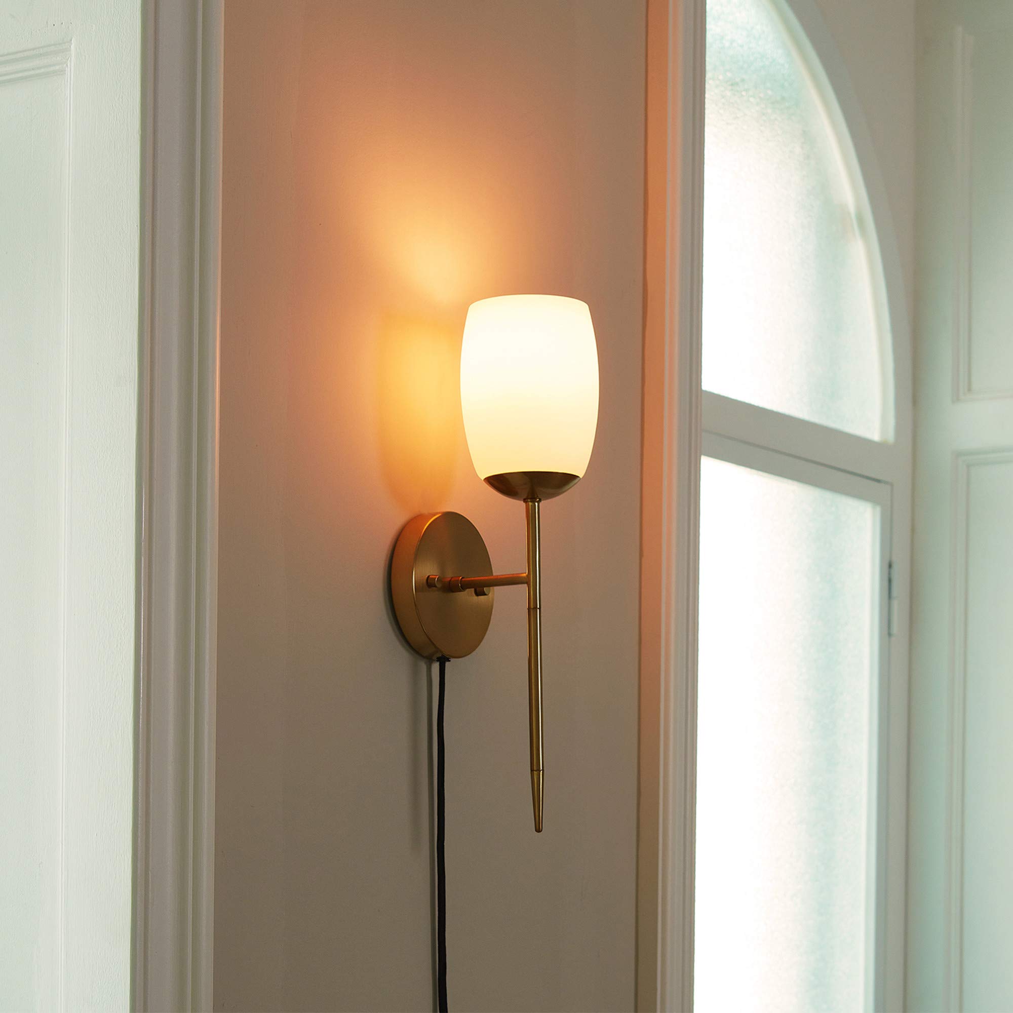 Globe Electric 51635 1-Light Plug-in or Hardwire Wall Sconce, Soft Matte Brass, Opal Glass Shade, Wall Lights for Bedroom, Kitchen Sconces, Wall Lights for Living Room, Bulb Not Included