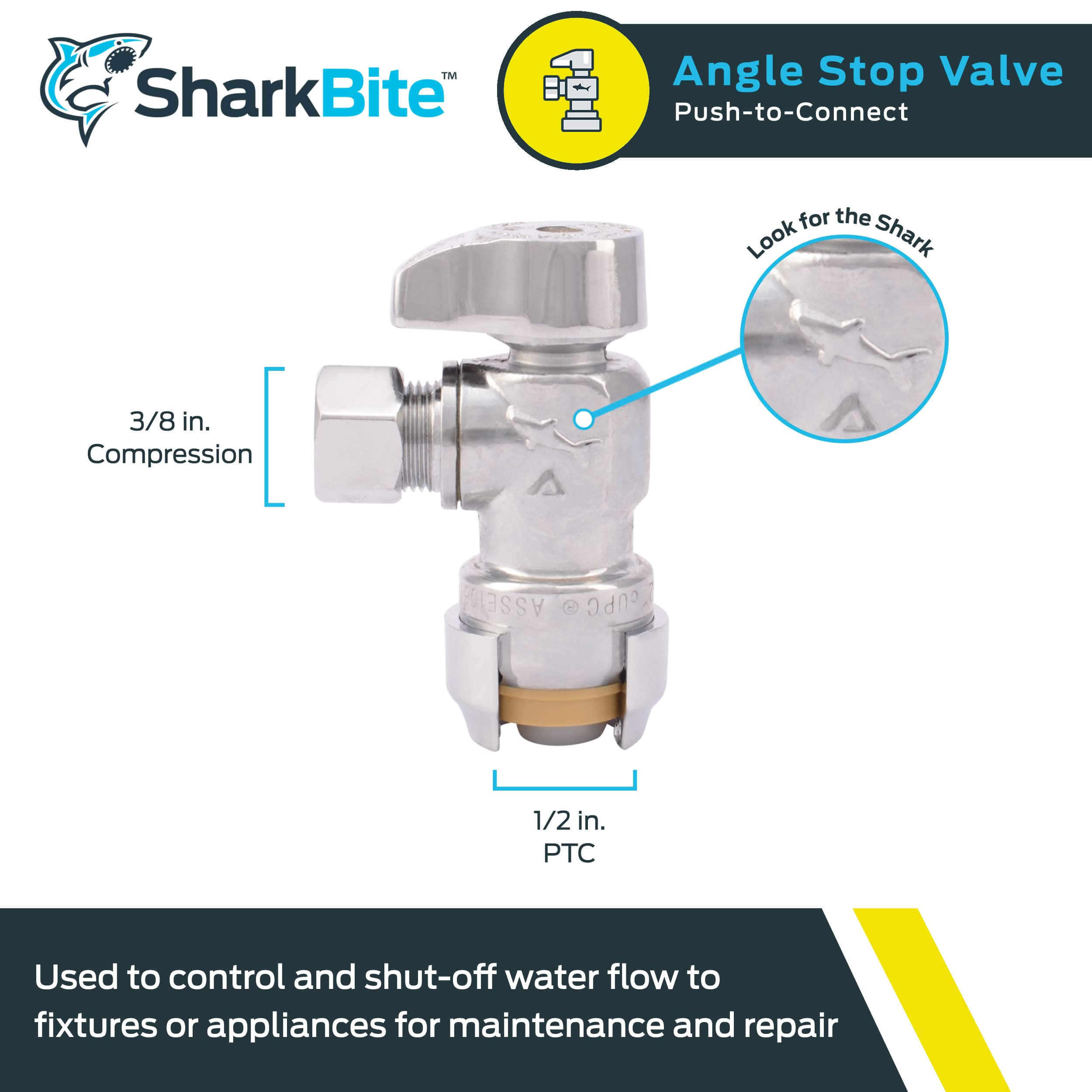 SharkBite 1/2 x 3/8 Inch Compression Angle Stop Valve, Quarter Turn, Push to Connect Brass Plumbing Fitting, PEX Pipe, Copper, CPVC, PE-RT, HDPE, 23036-0000LF