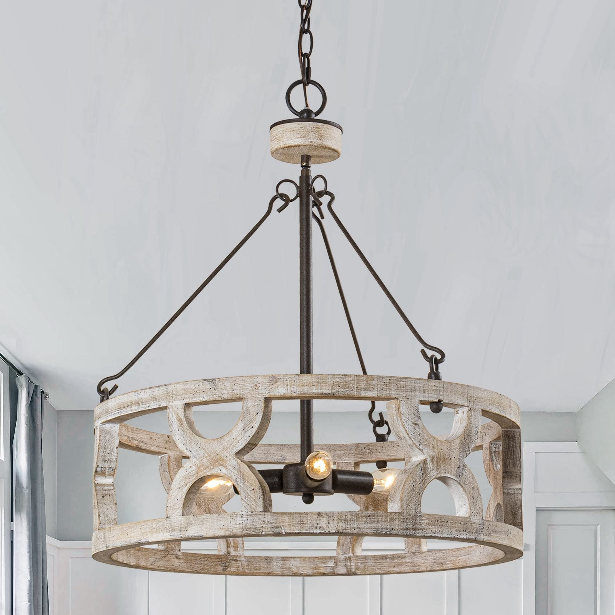 Rustic Distressed White 3-Light Drum Wood Chandelier