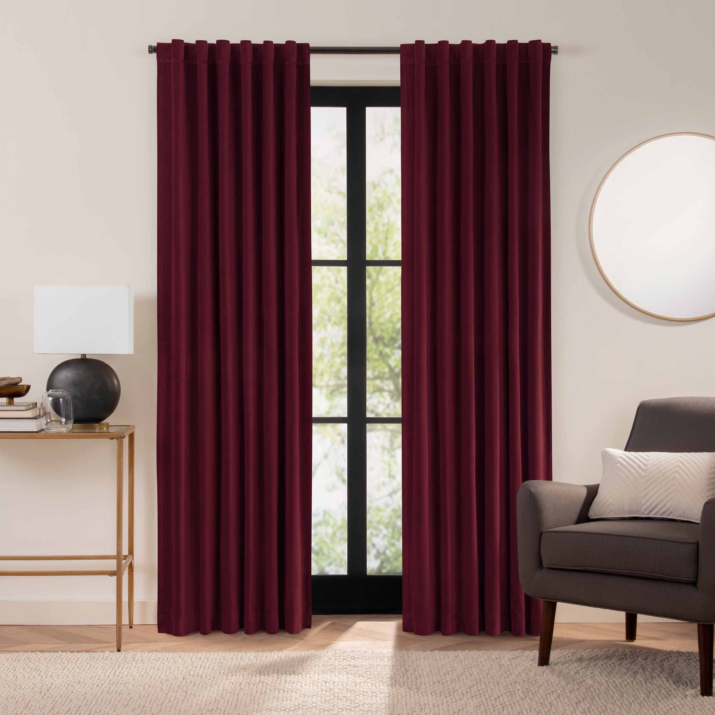 Eclipse Luxury Cotton Velvet 100% Blackout Rod Pocket Back Tab 96" x 50" Curtain Window Panel in Port