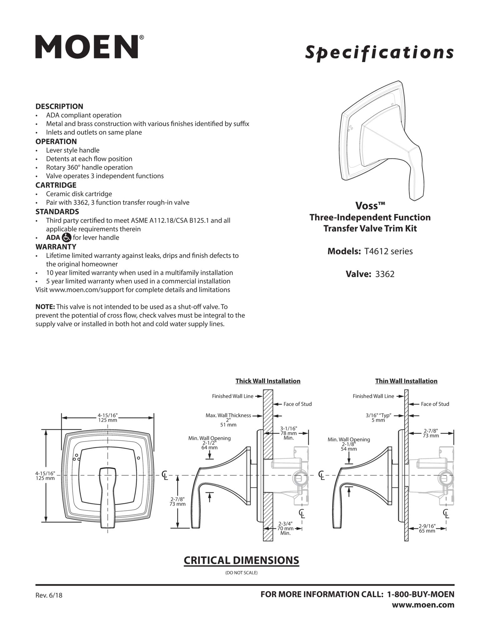 Moen T4612BN Voss Diverter 3-Function Shower Transfer Valve Trim Kit, Valve Required, Brushed Nickel