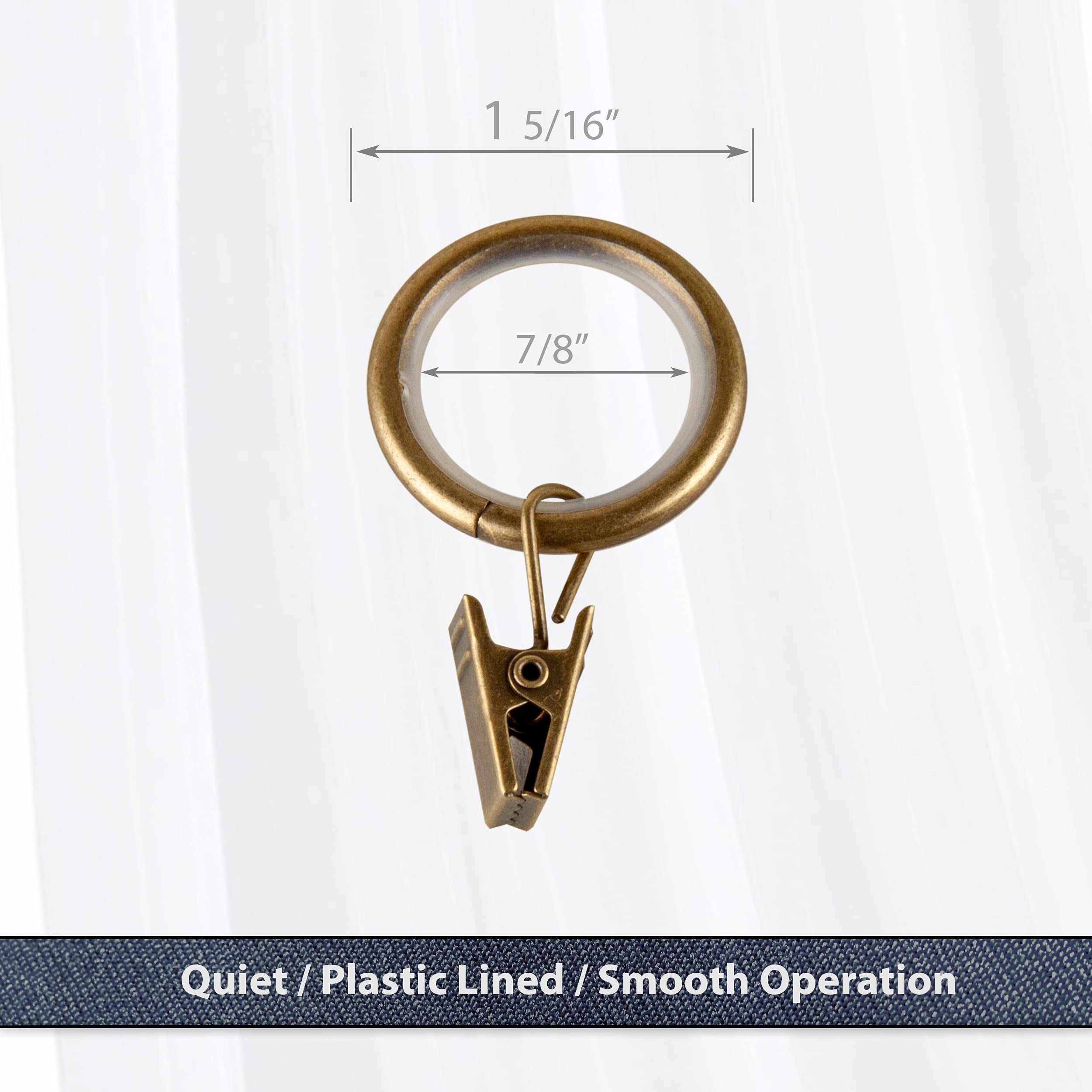 Rod Desyne 7/8 inch Noise-Canceling Curtain Rings w/Clip (Set of 10) - Antique Brass
