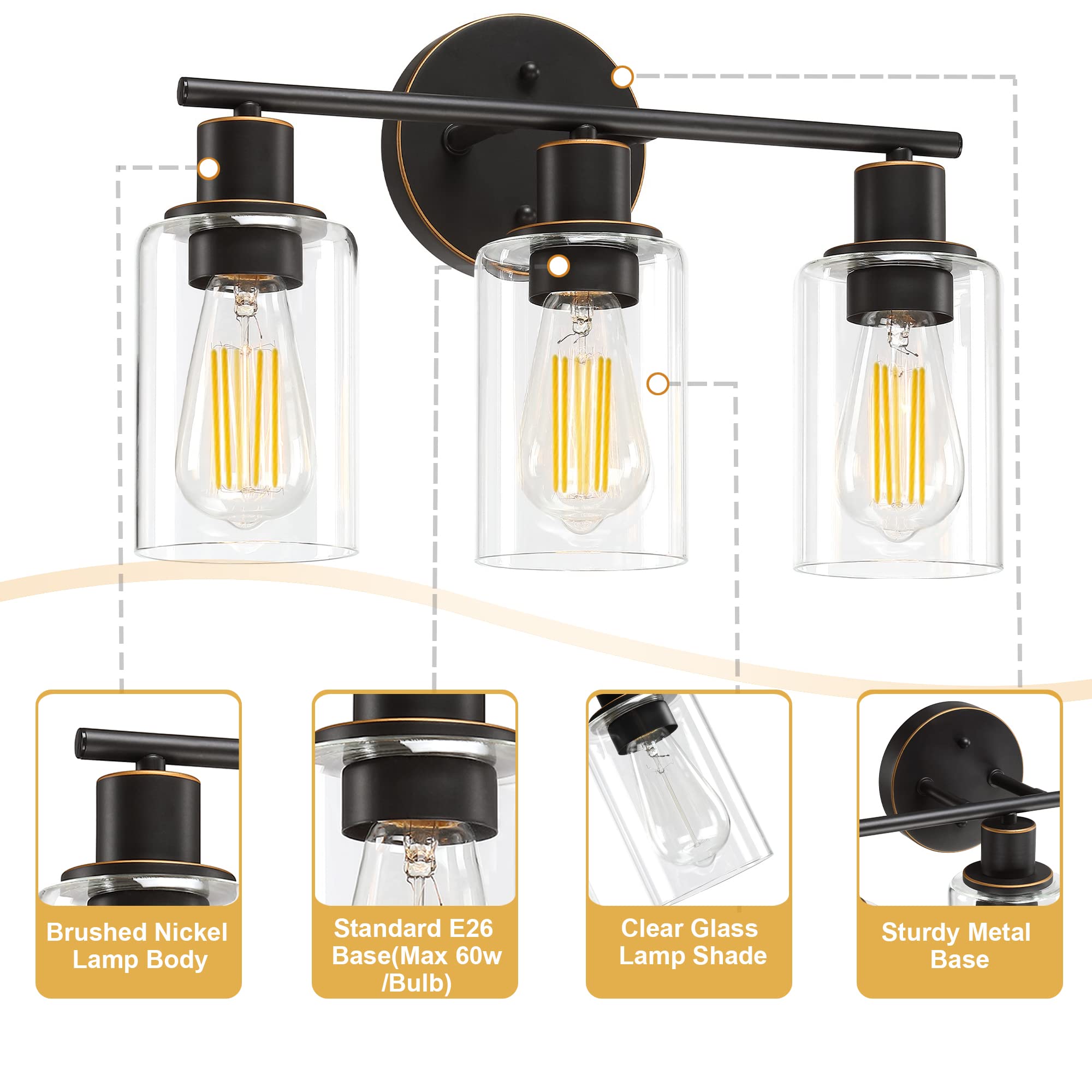 Pia Ricco Bathroom Vanity Light Fixtures, 3-Light Bathroom Wall Lights with Clear Glass Shades, Oil Rubbed Bronze Modern Wall Sconce Over Mirror, Bath Wall Sconces for Living Room Bedroom Hallway