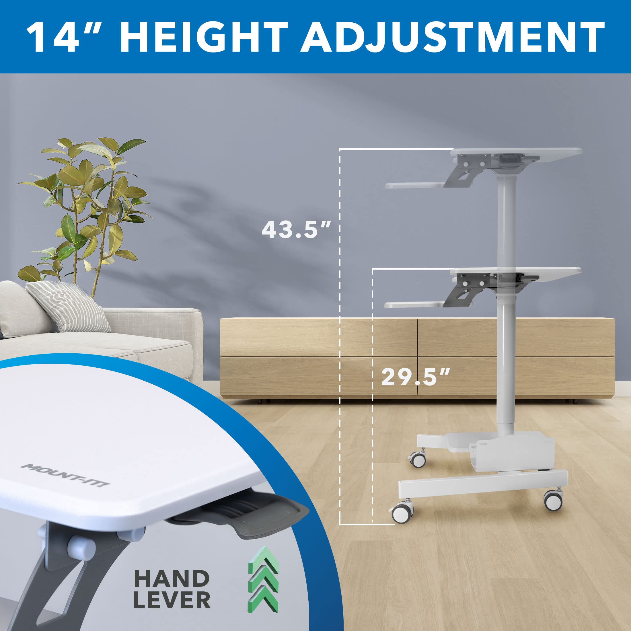 Mount-It! Mobile Rolling Small Table, Height Adjustable up to 43" Computer Desk with Wheels, Medical Nurse Hospital Workstation, Printer CPU Shelves, White Office Portable Computer Cart Keyboard Tray