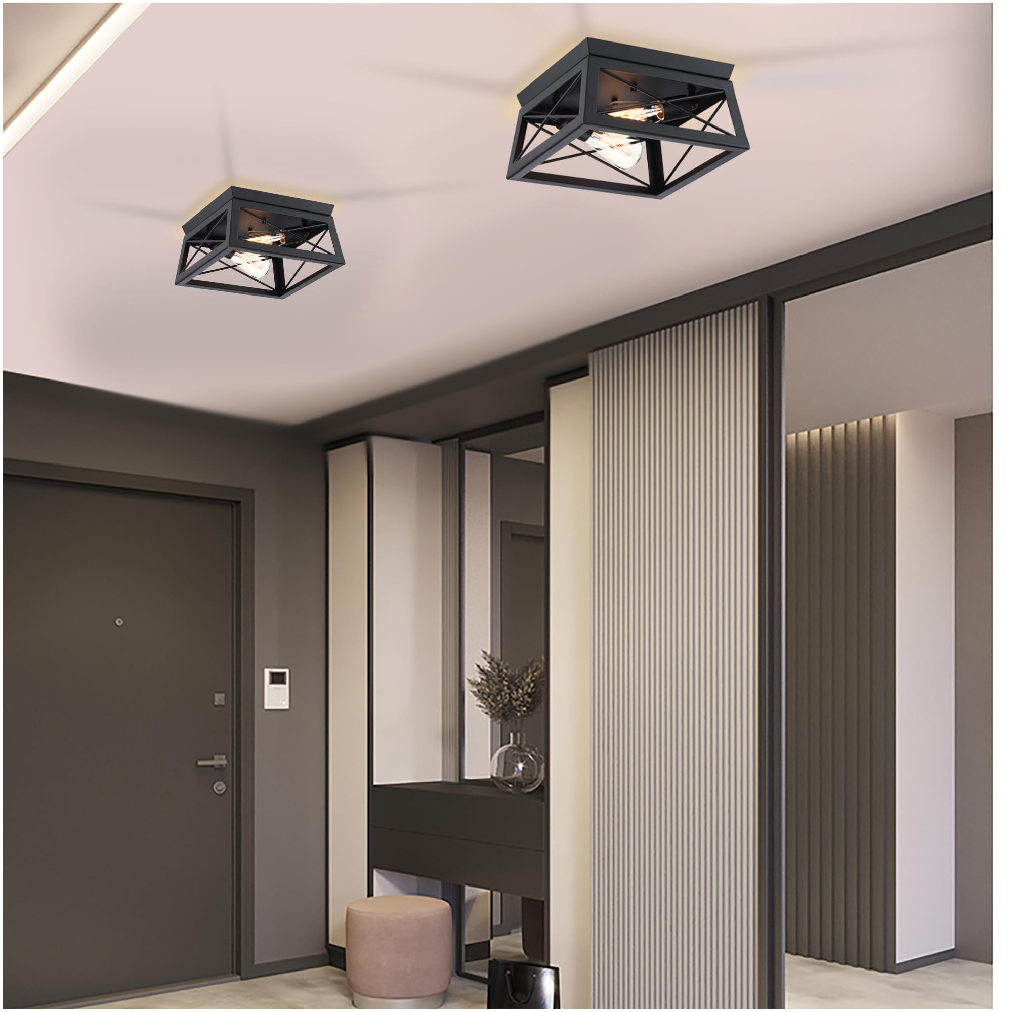 2-Light Black Flush Mount Ceiling Light, 2 Bulb Farmhouse Ceiling Light Fixture for Closet Hallway Kitchen Dinning Room 12 Inch Industrial Square Light Fixture Ceiling Mount, E26, Dimmable