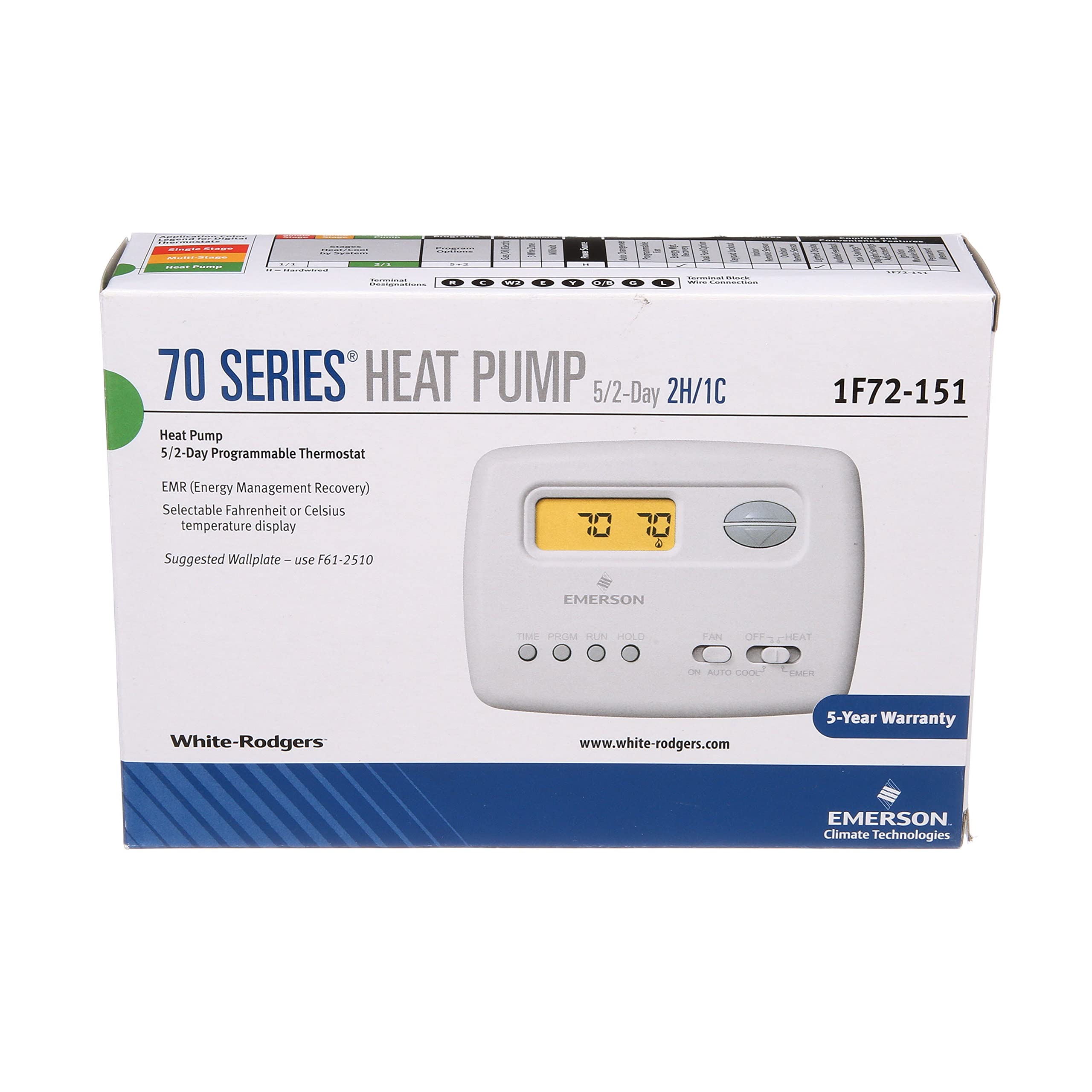 Emerson 1F72-151 5-2 Day Programmable Thermostat for Heat Pump Systems