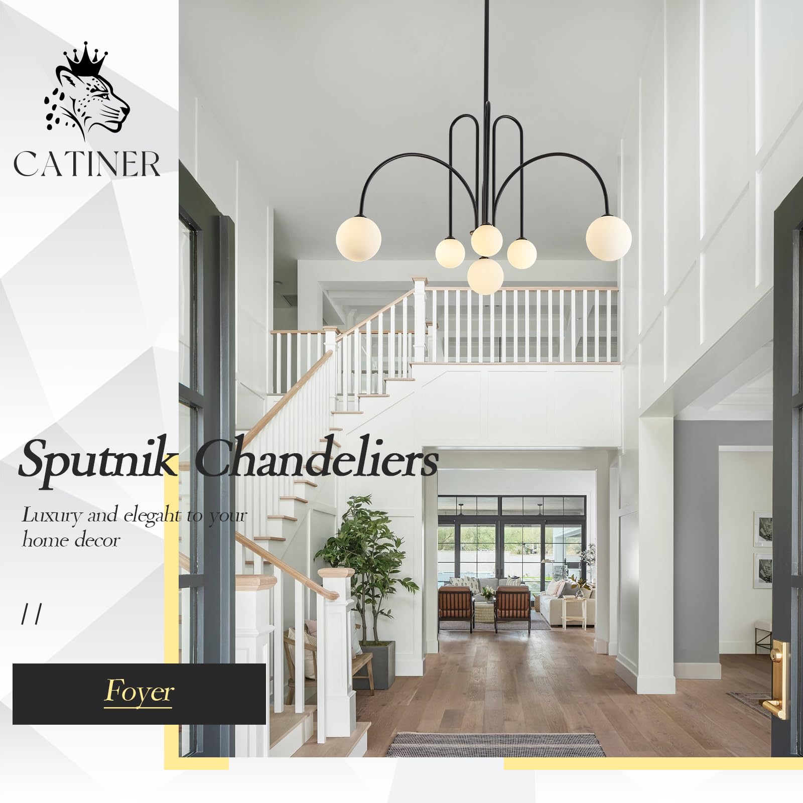 CATINER Modern Black Chandelier 6 Lights Sputnik Chandelier for Dining Room Large L40” Mid Century Ceiling Pendant Light Fixtures with Withe Glass Globe Shades for Foyer Bedroom