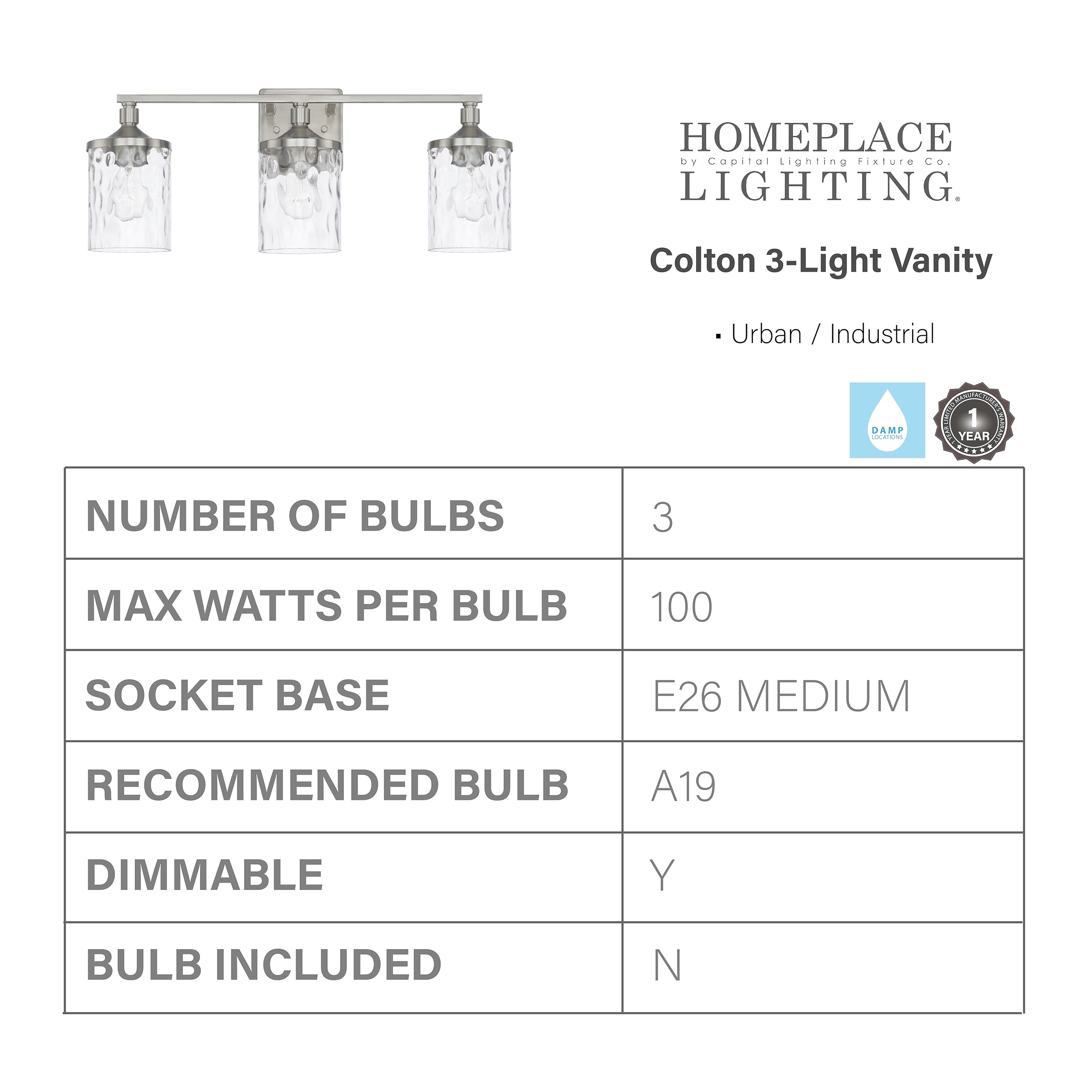 HomePlace Lighting 128831BN-451 Colton Mid-Century Clear Water Glass Bathroom Vanity Wall Light, 3-Light 300 Total Watts, 10" H x 24" W, Brushed Nickel