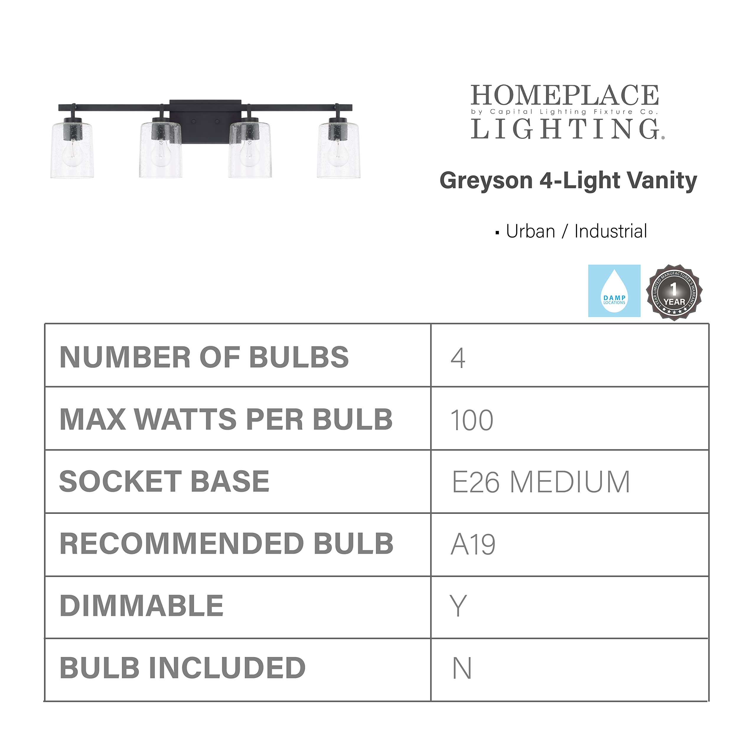 HomePlace Lighting 128541MB-449 Greyson Urban/Industrial Clear Seeded Glass Bathroom Vanity Wall Light, 4-Light 400 Total Watts, 9" H x 35" W, Matte Black