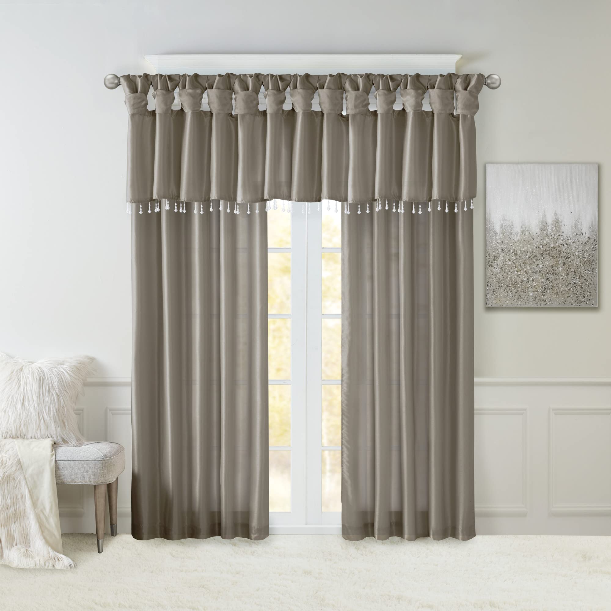 Madison Park Emilia Faux Silk Single Curtain with Privacy Lining, DIY Twist Tab Top, Room Darkening Window Drape for Living Room, Bedroom and Dorm, 95"L x 50"W, Pewter Brown