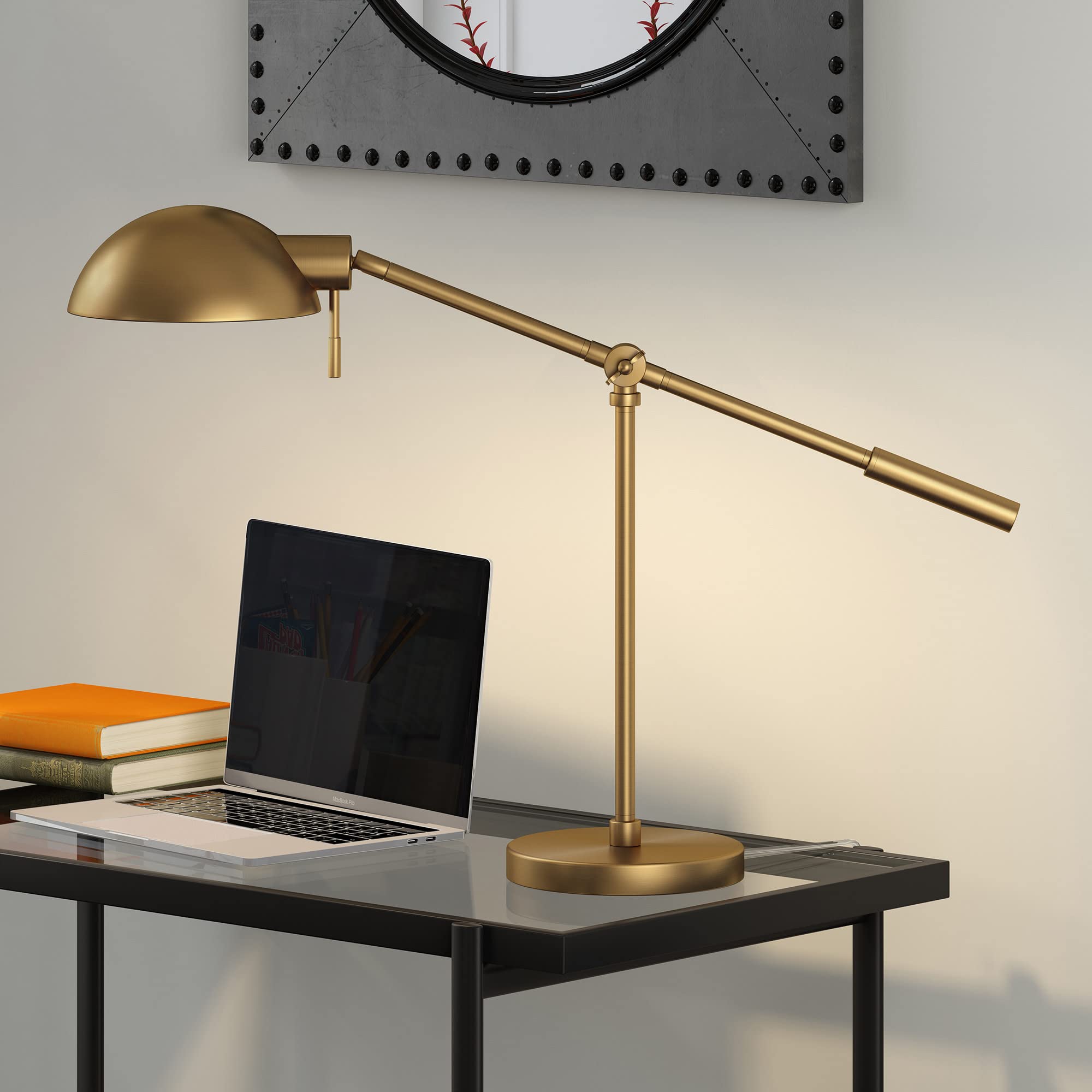 Dexter 23.25" Tall Boom Arm Table Lamp with Metal Shade in Brass/Brass