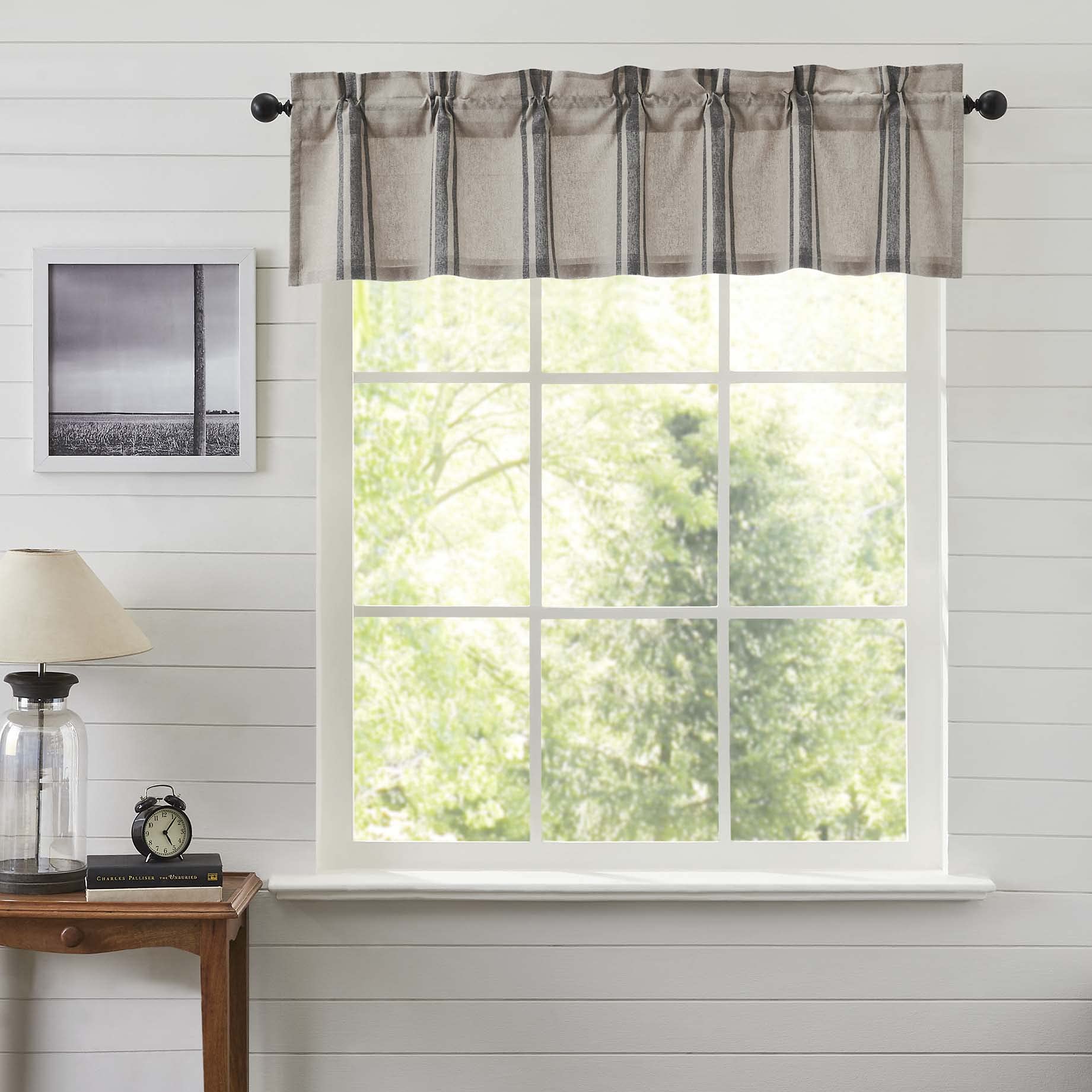 VHC Brands Grain Sack Charcoal Black Stripe Farmhouse Kitchen Curtain Valance 16x60